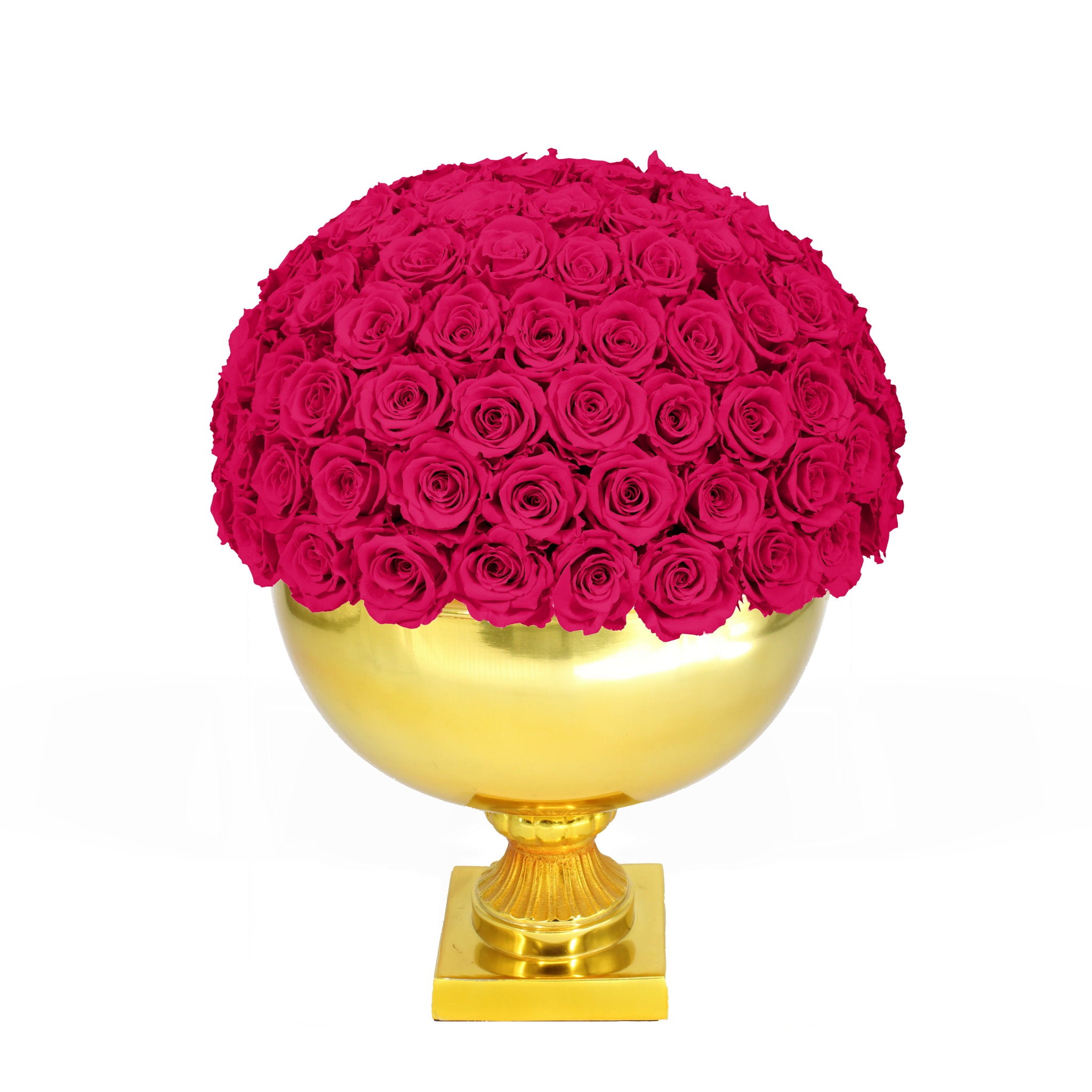 Spherical arrangement of pink roses on a gold pedestal against a white background