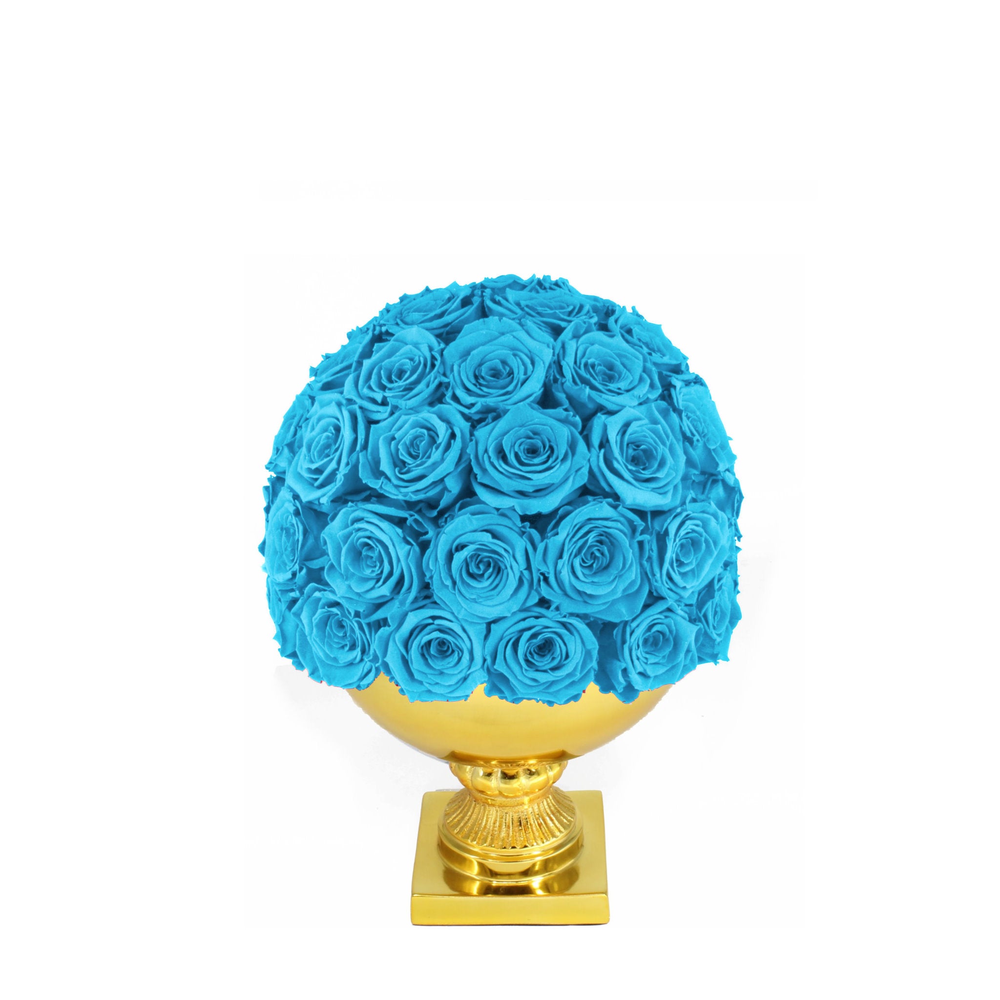 Blue rose ball on a gold pedestal against a white background