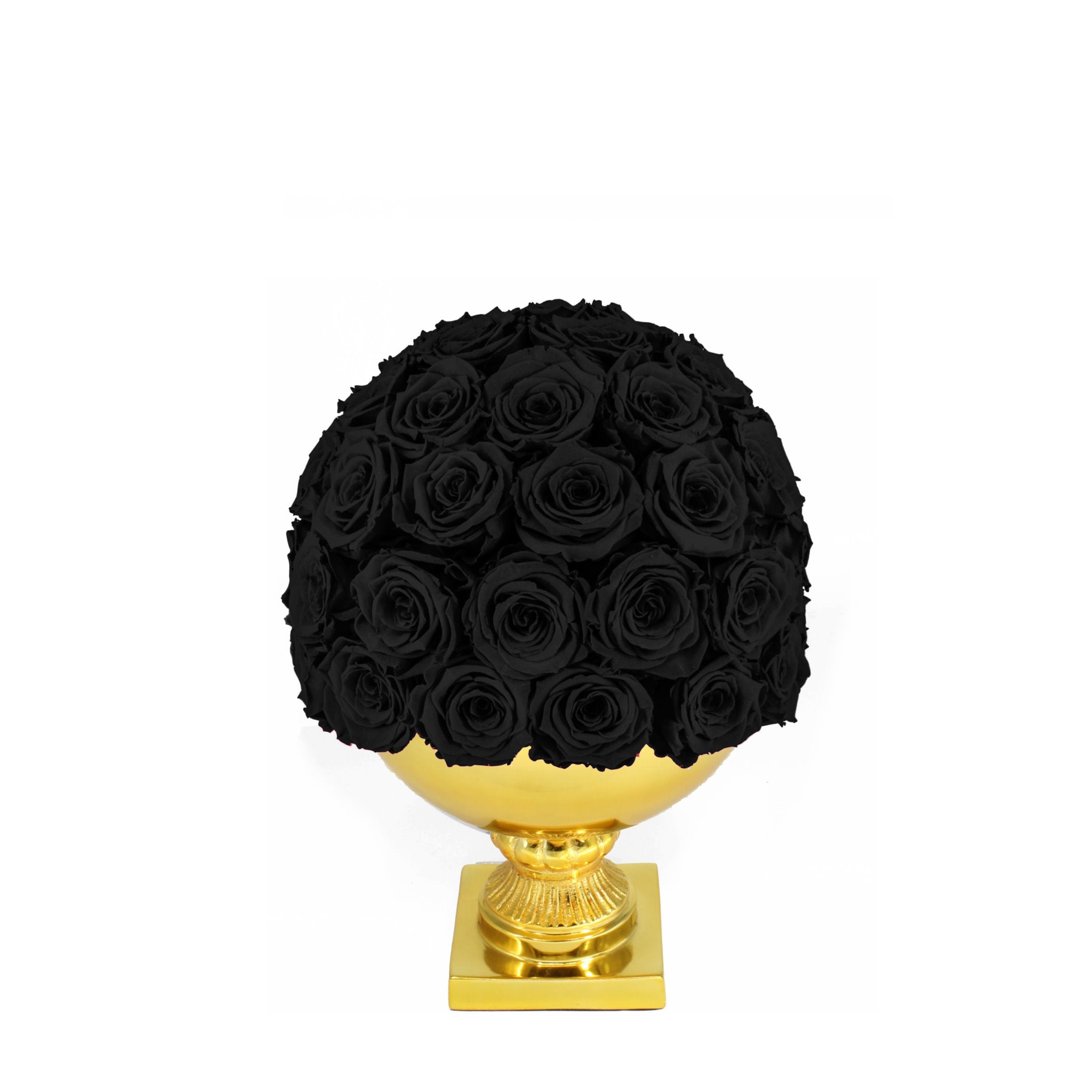 Black roses arranged in a spherical shape on a gold pedestal against a white background