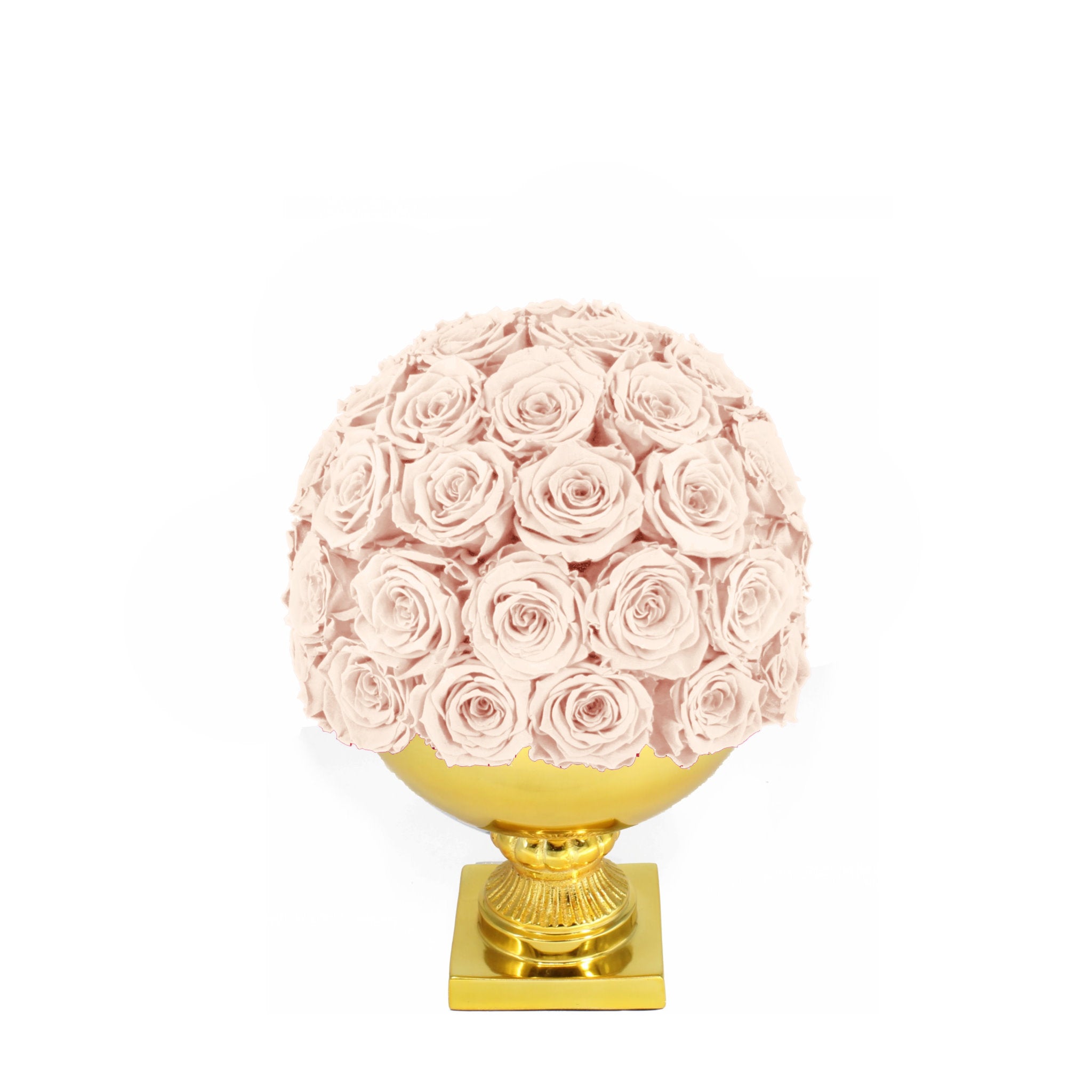 Decorative sphere made of pink roses on a gold stand against a white background