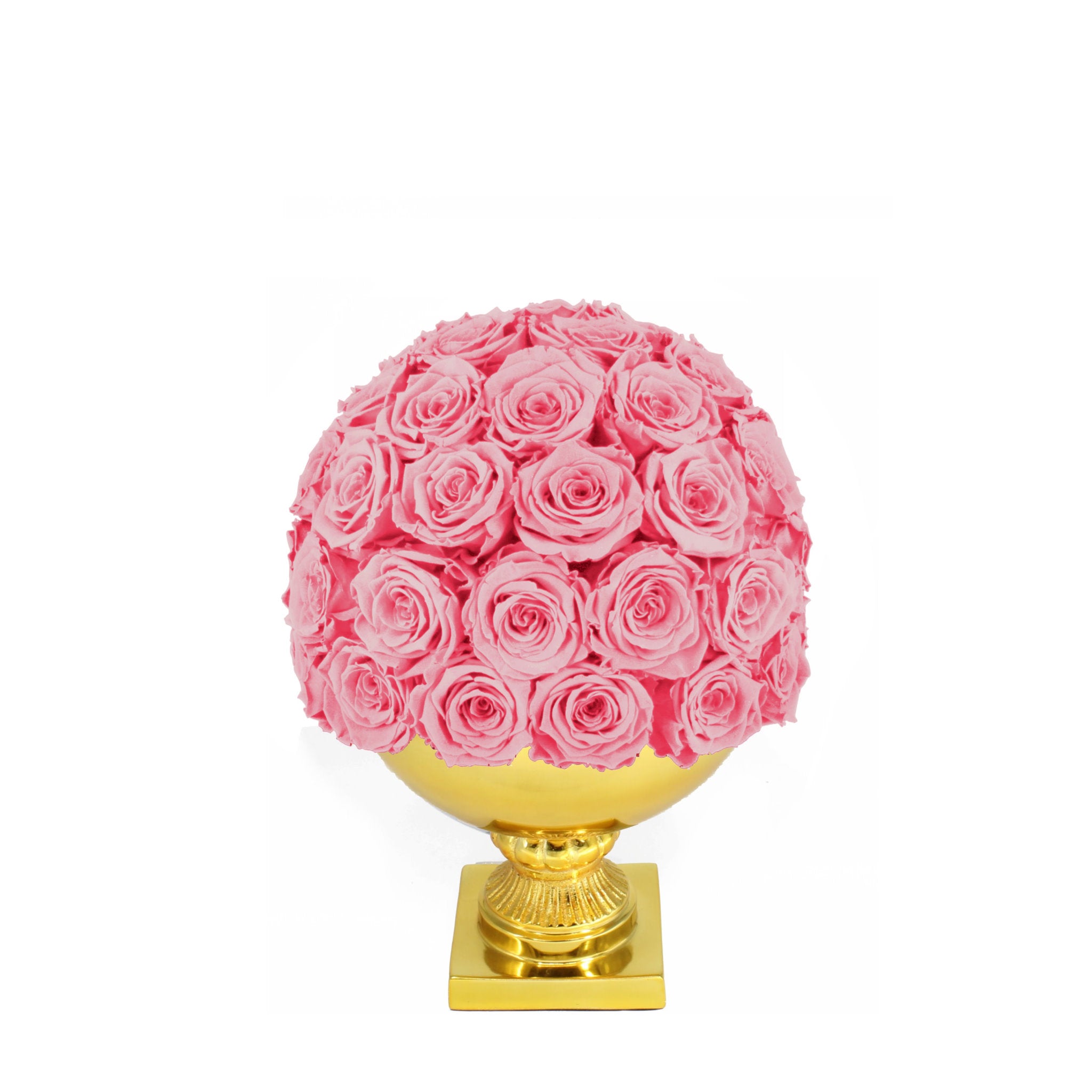 Pink rose ball on a gold stand against a white background