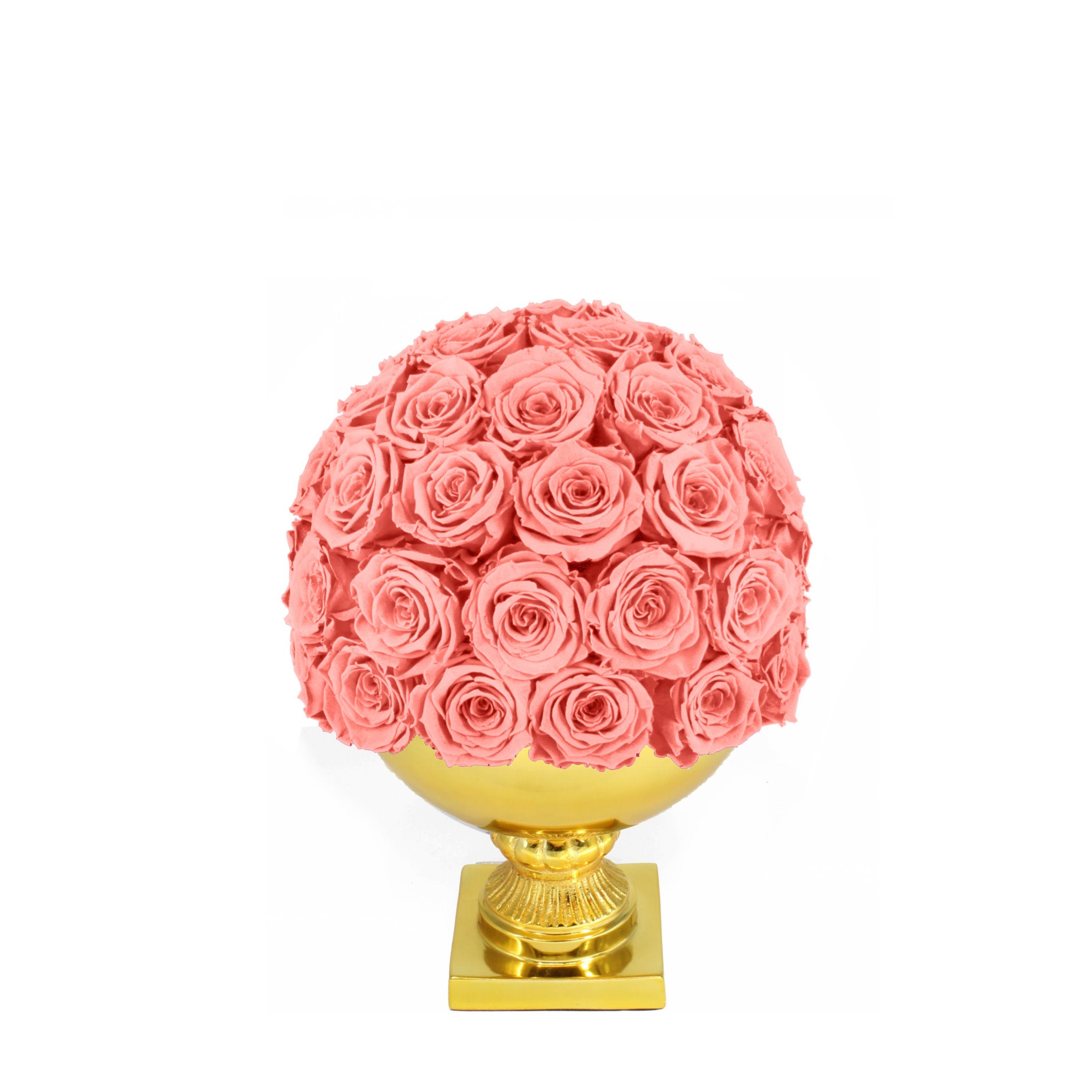 Pink rose ball on a gold stand against a white background
