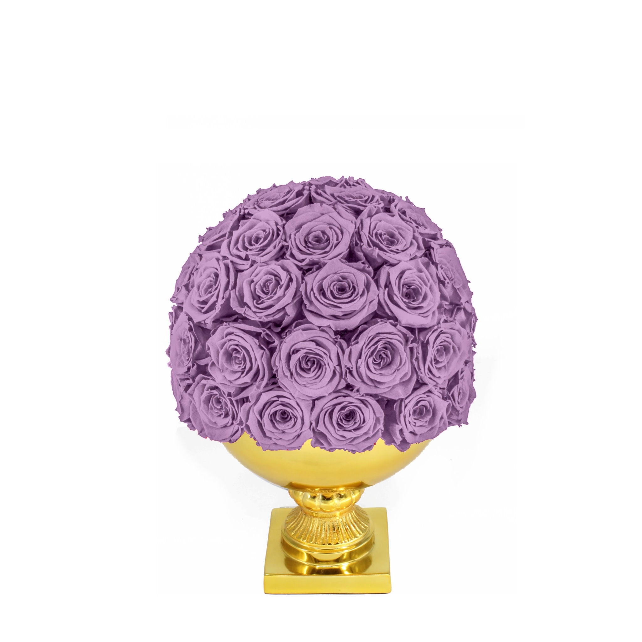Purple rose ball on a gold pedestal against a white background