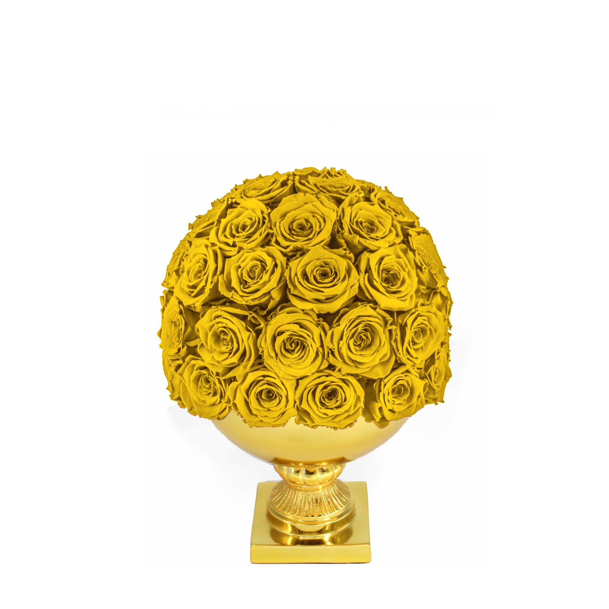 Gold spherical arrangement of roses on a white background