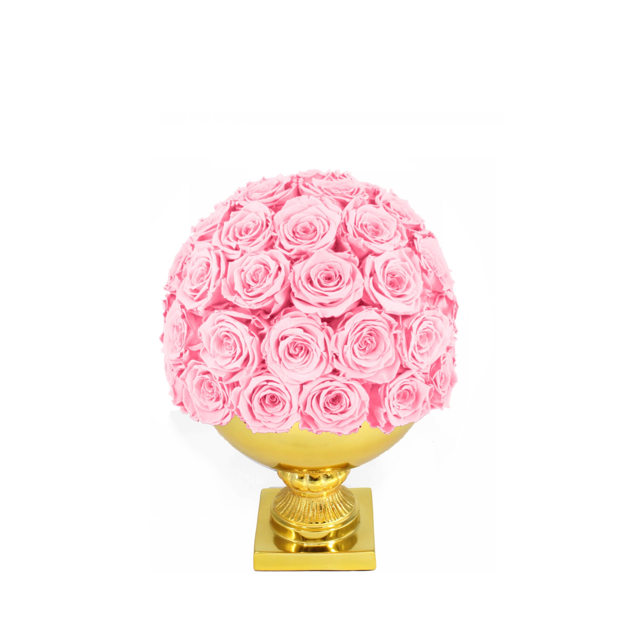 Pink rose ball on a gold base against a white background