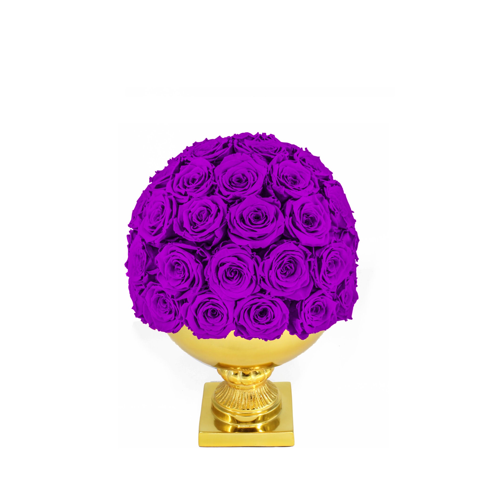 Purple rose ball on a gold pedestal against a white background
