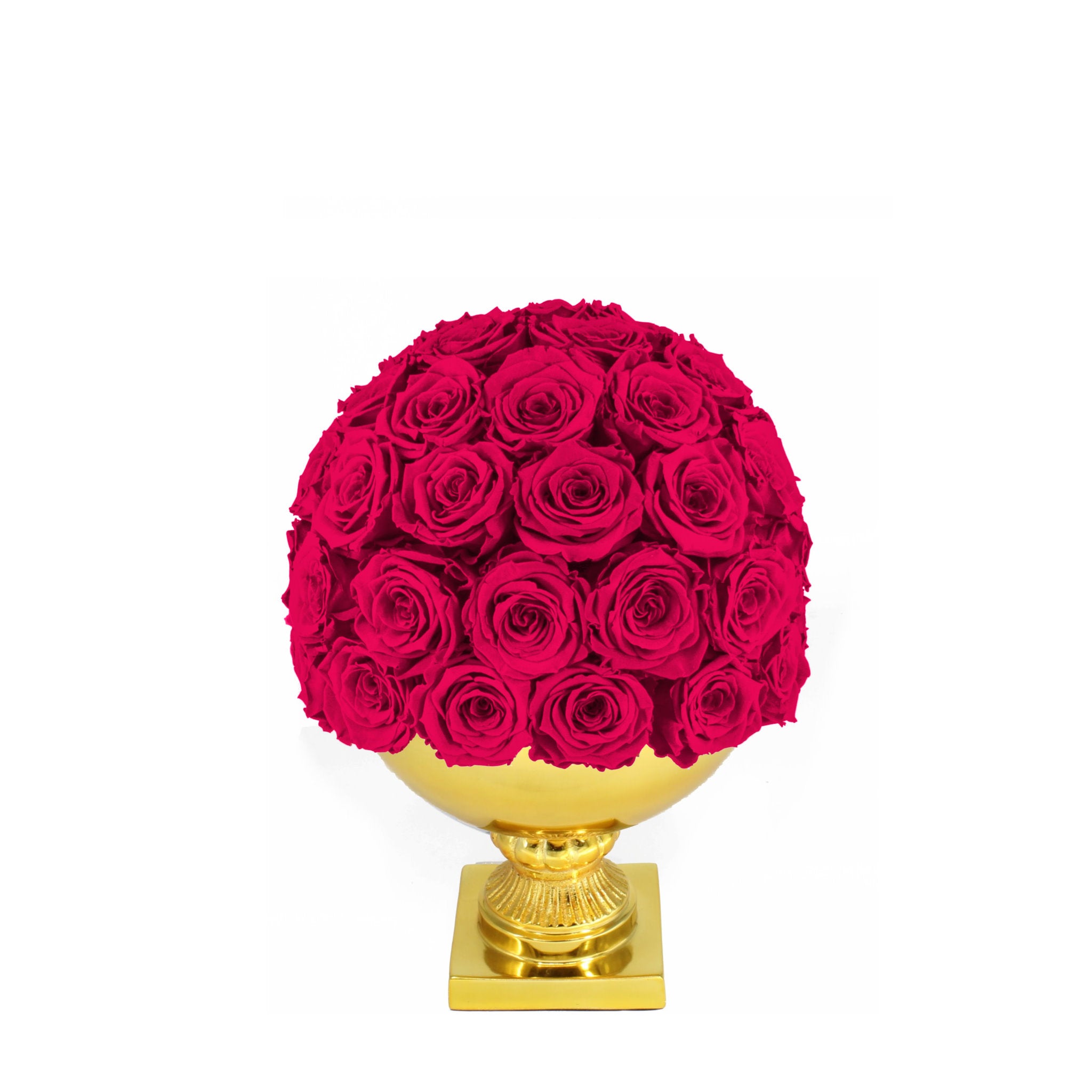 Bouquet of red roses on a gold pedestal against a white background