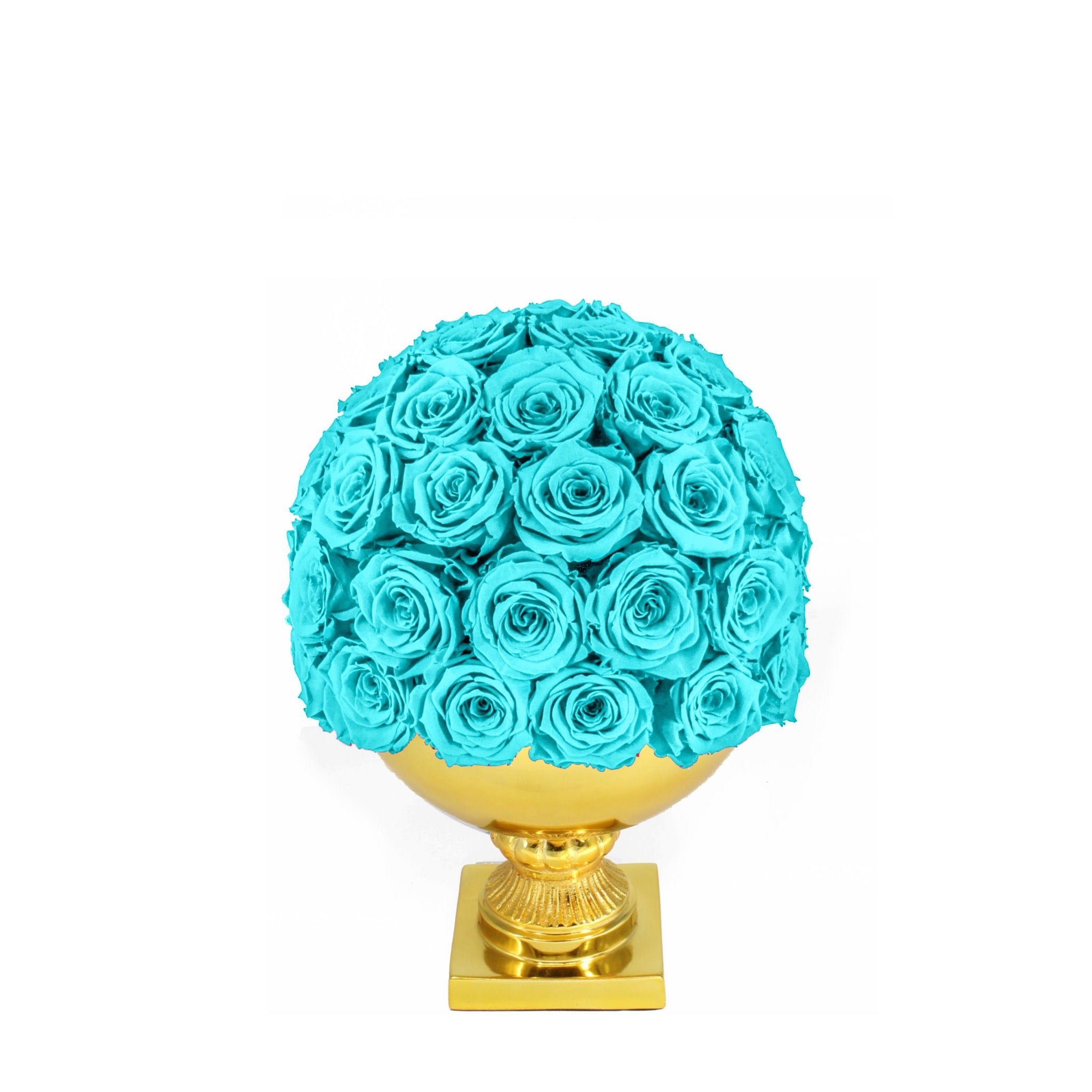 Turquoise rose ball on a gold pedestal against a white background