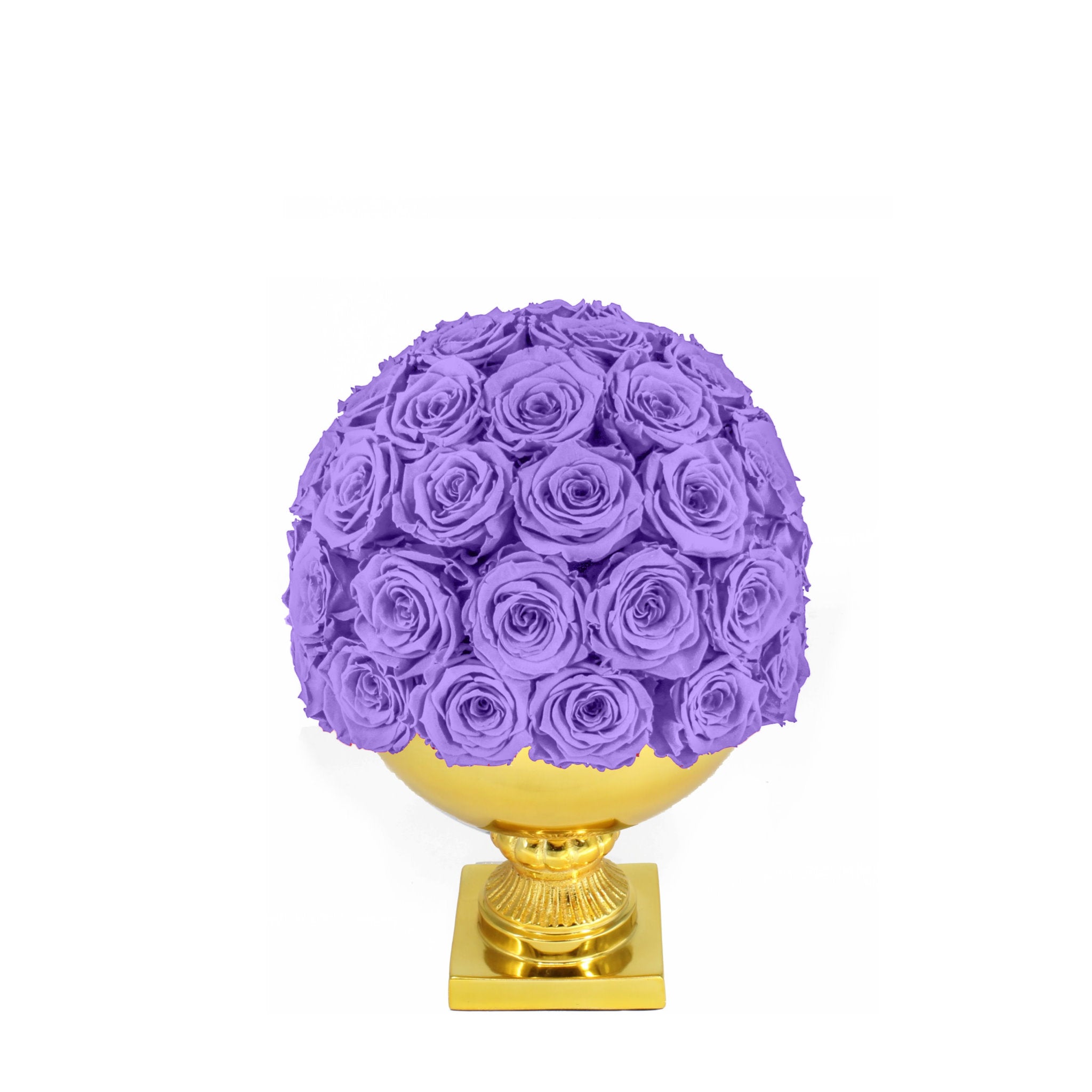Purple rose ball on a gold pedestal against a white background