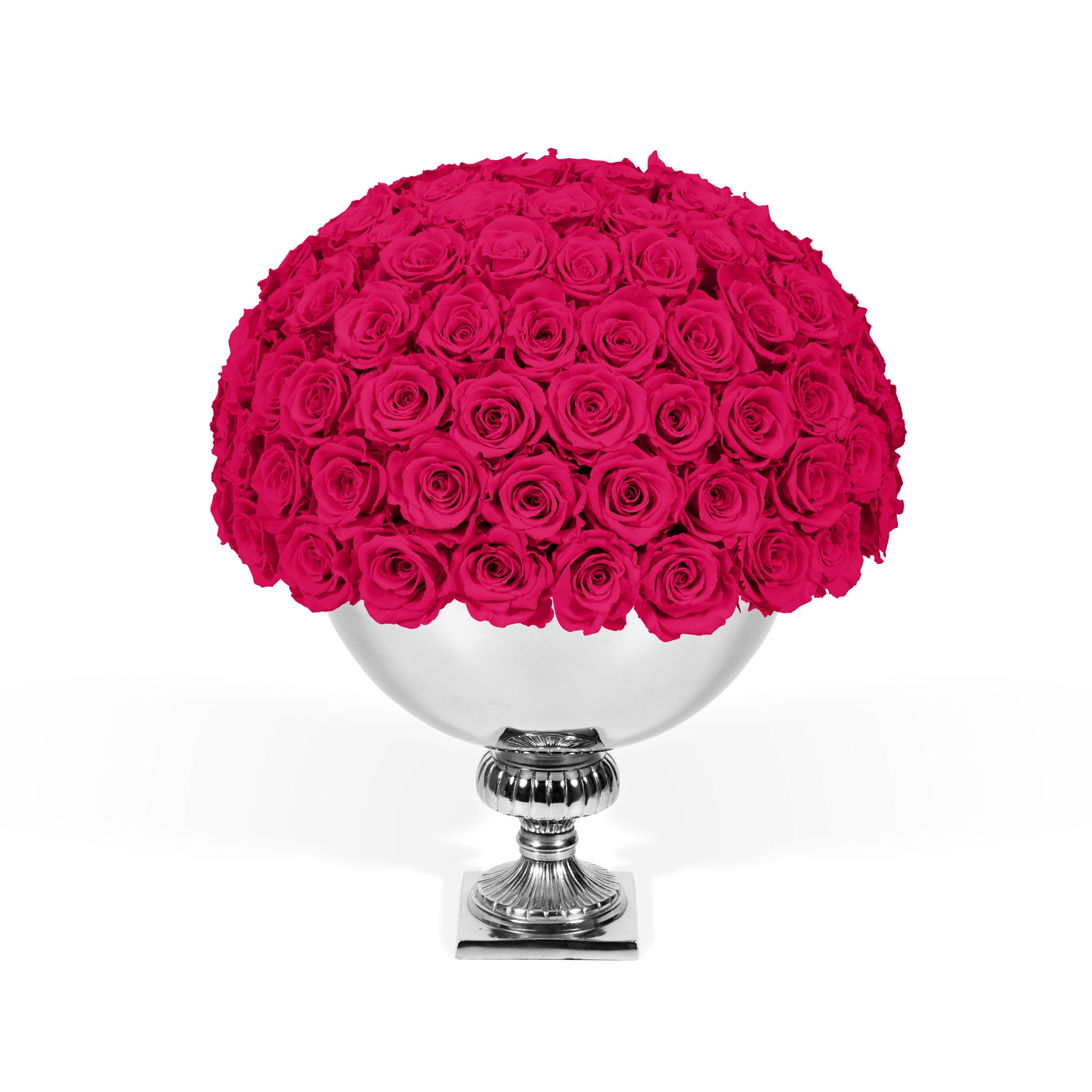 Bouquet of pink roses in a silver vase on a white background