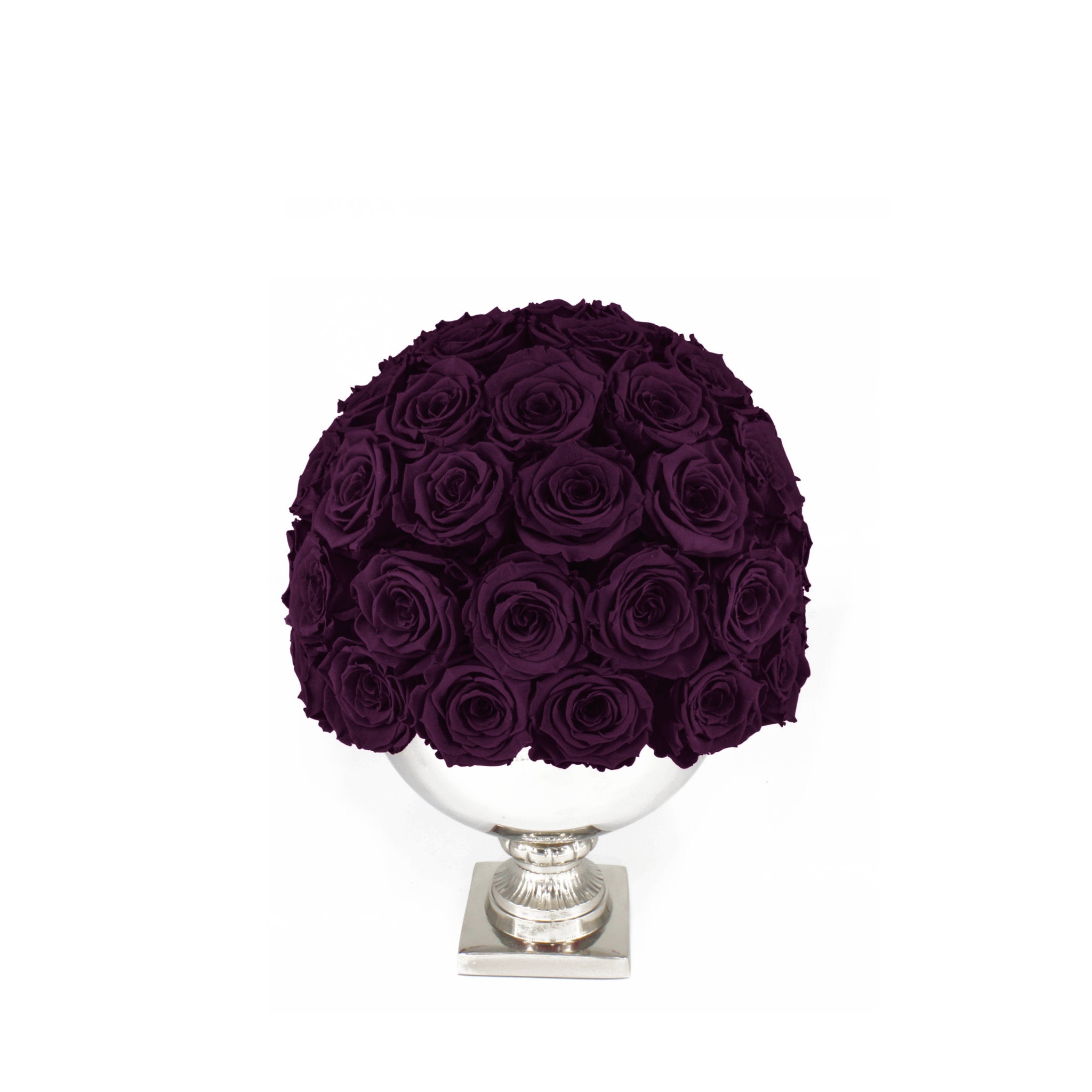 Bouquet of purple roses in a white vase on a white background
