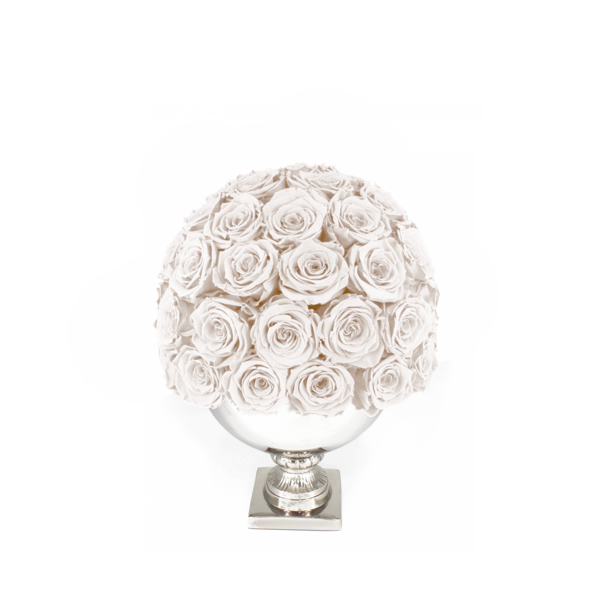 Decorative sphere made of white roses on a white background