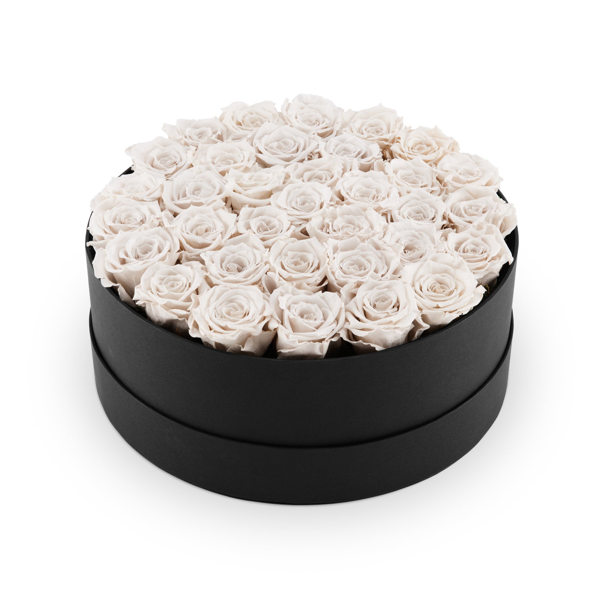 Round black box filled with white roses on a white background