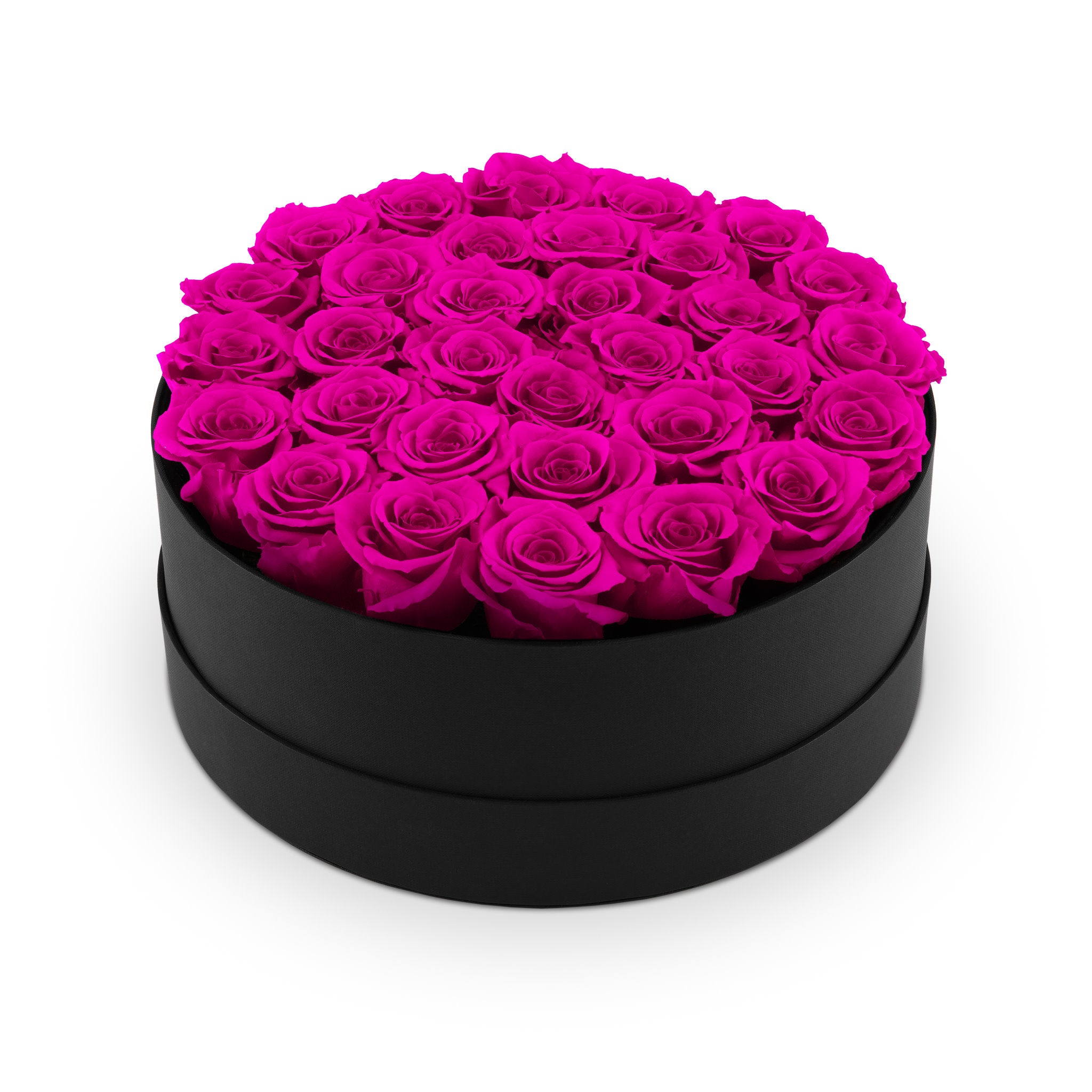 Black box filled with pink roses on a white background