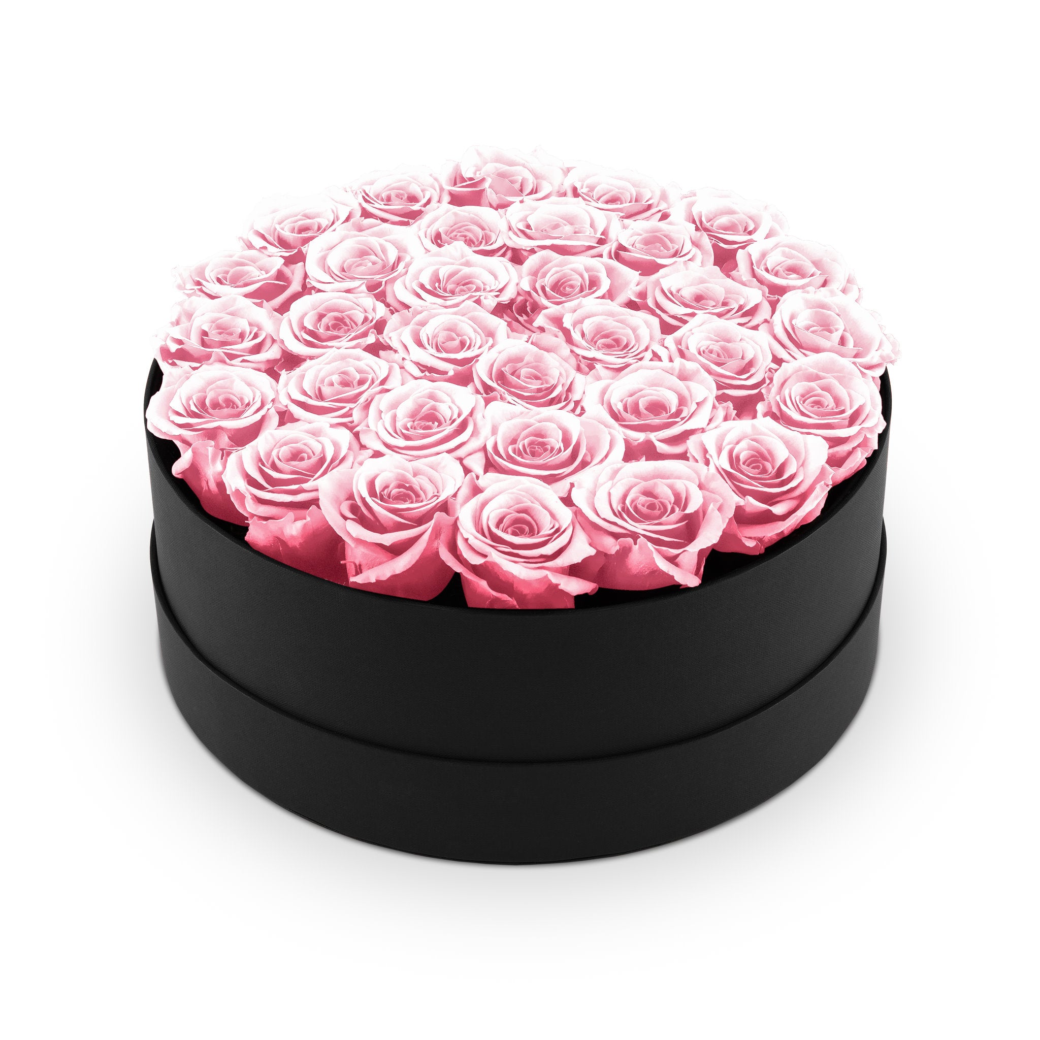 Round black box filled with pink roses on a white background