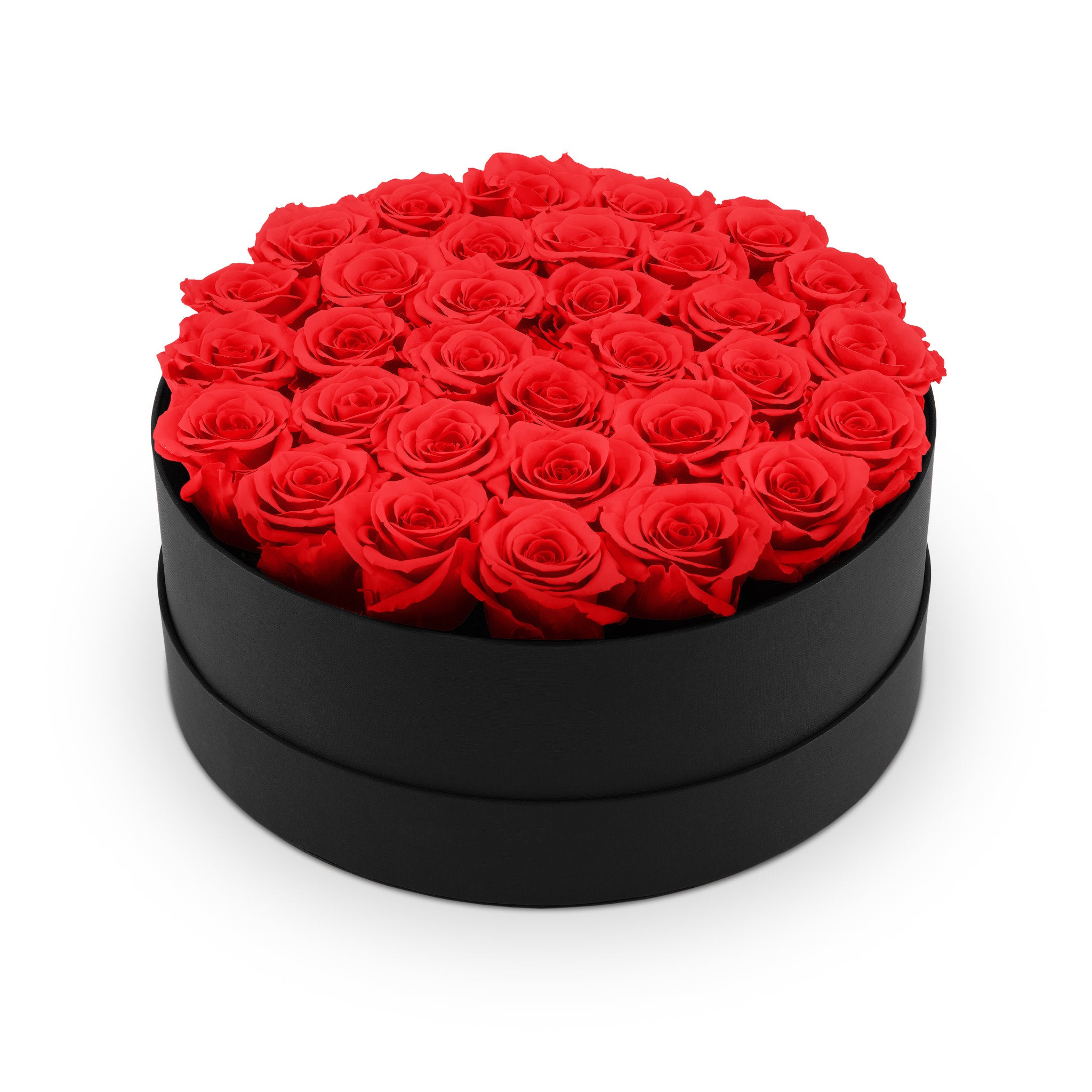 Black round box filled with red roses on a white background