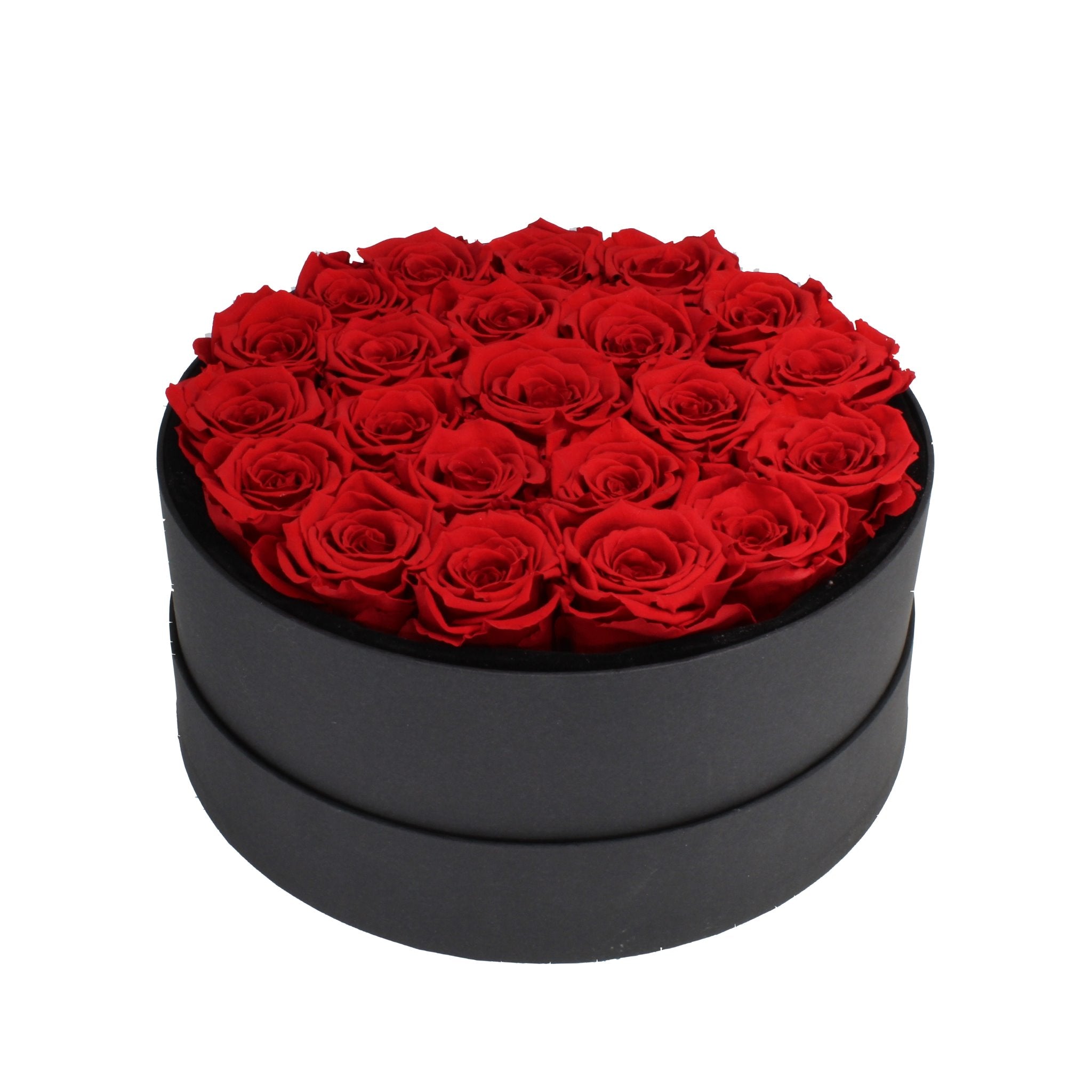 Black round box filled with red roses on a white background