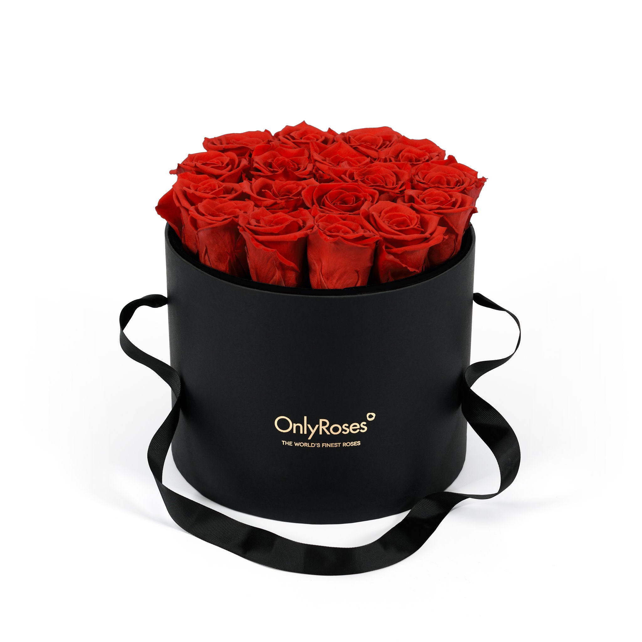 Black box with red roses and 'Only Roses' logo on a white background