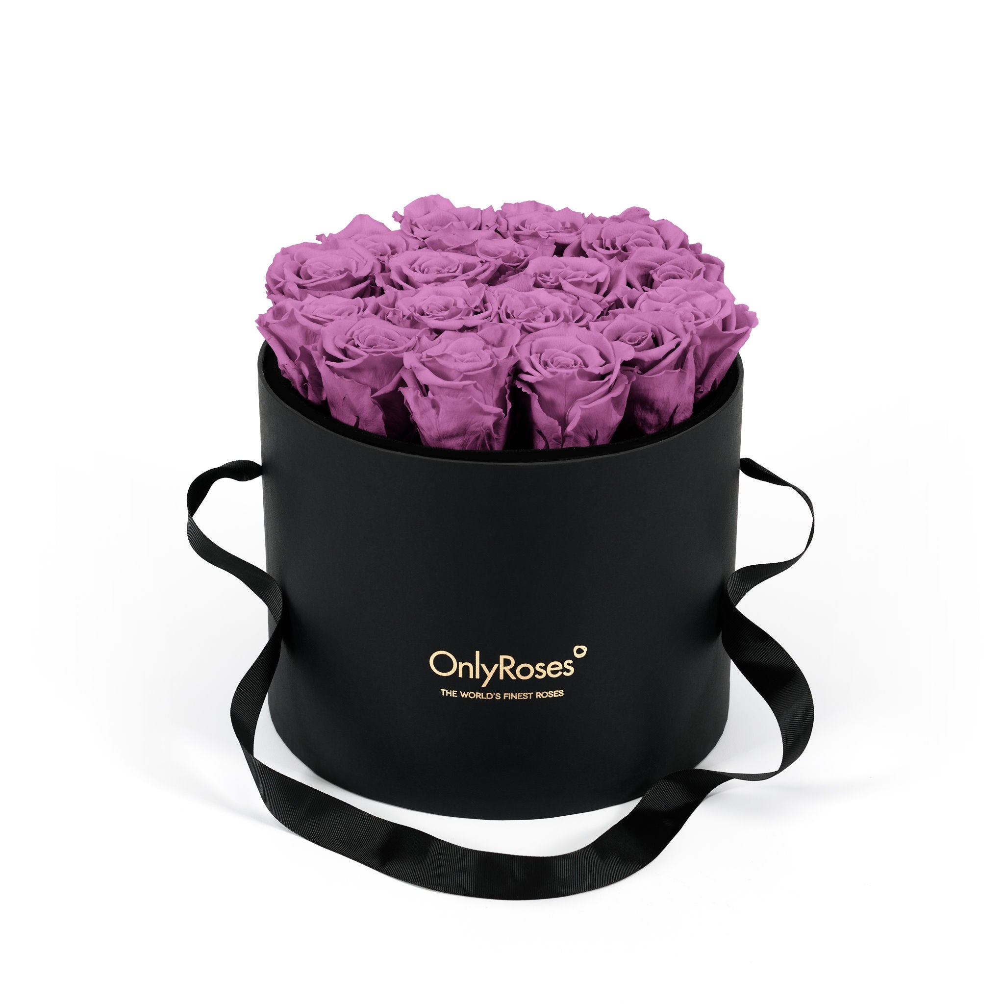 Black round box with purple roses and 'Only Roses' logo on a white background