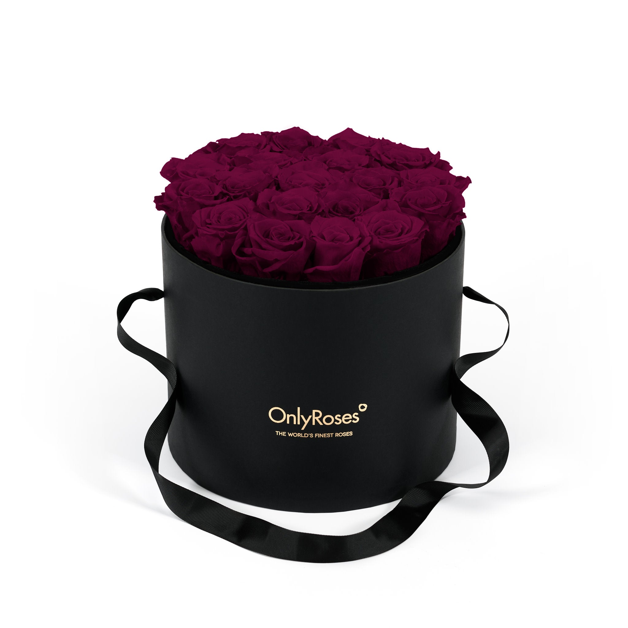 Black box with purple roses and 'Only Roses' logo on a white background