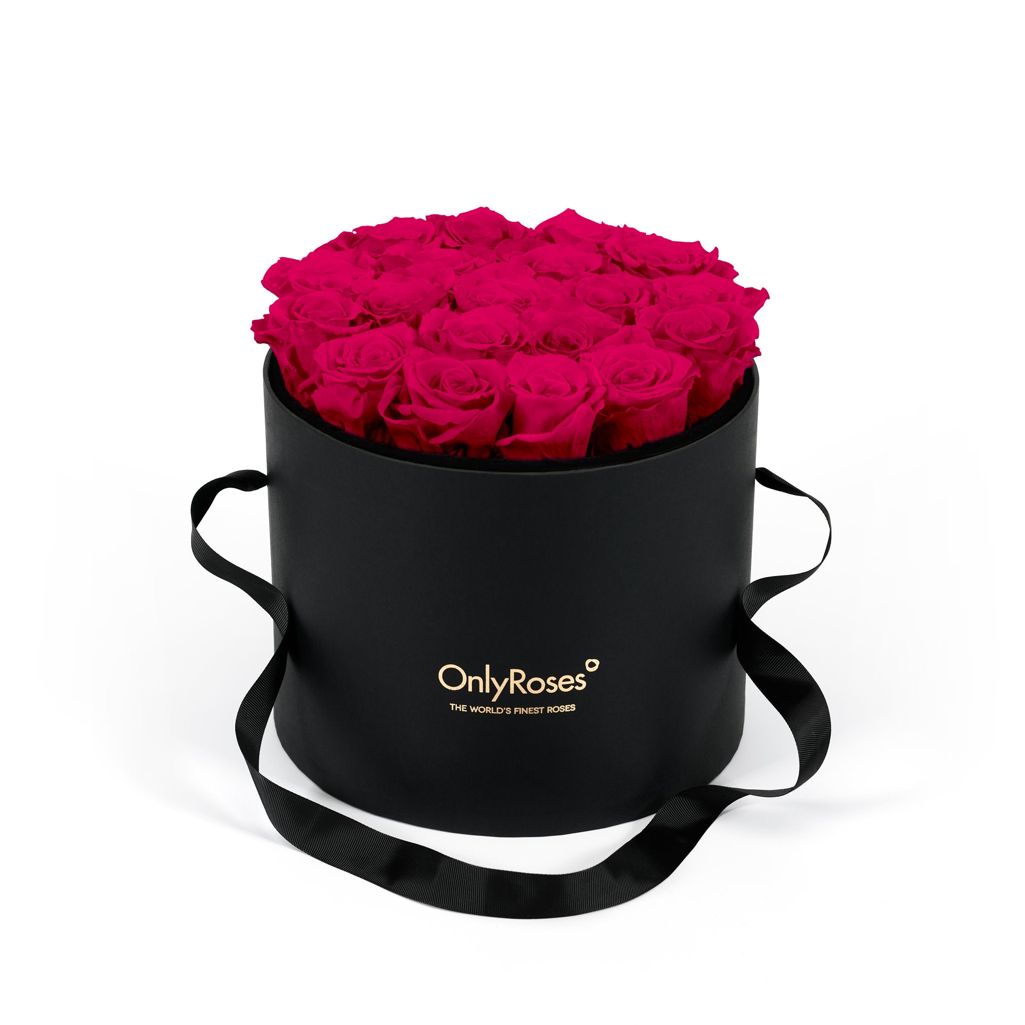 Black box with pink roses and 'Only Roses' logo on a white background