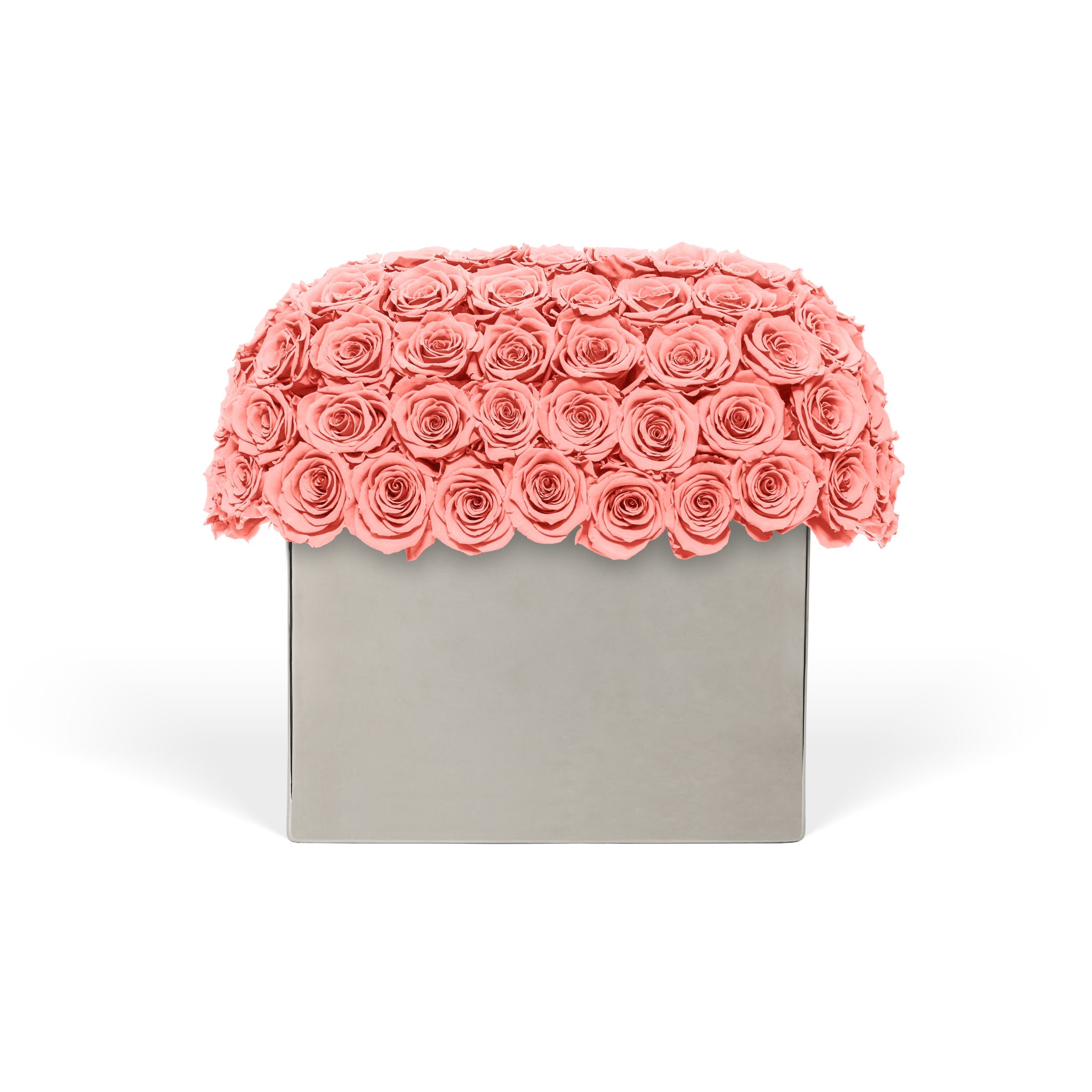 Decorative box with coral pink roses on a white background