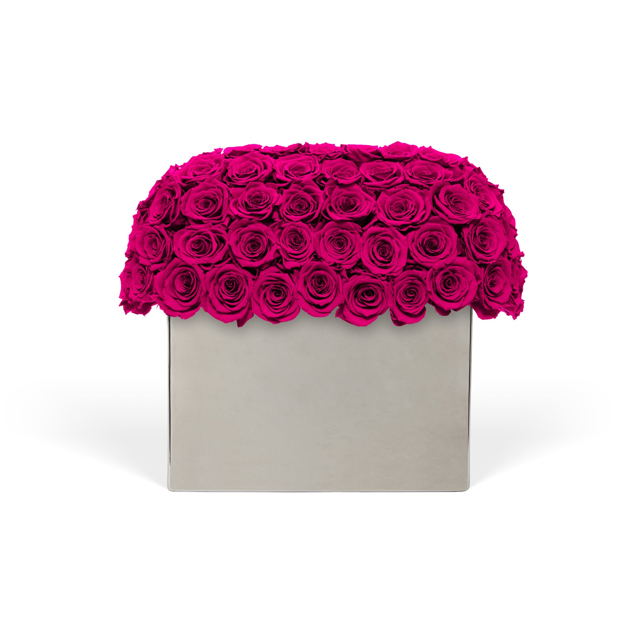 Square gray box with a vibrant pink rose arrangement on a white background