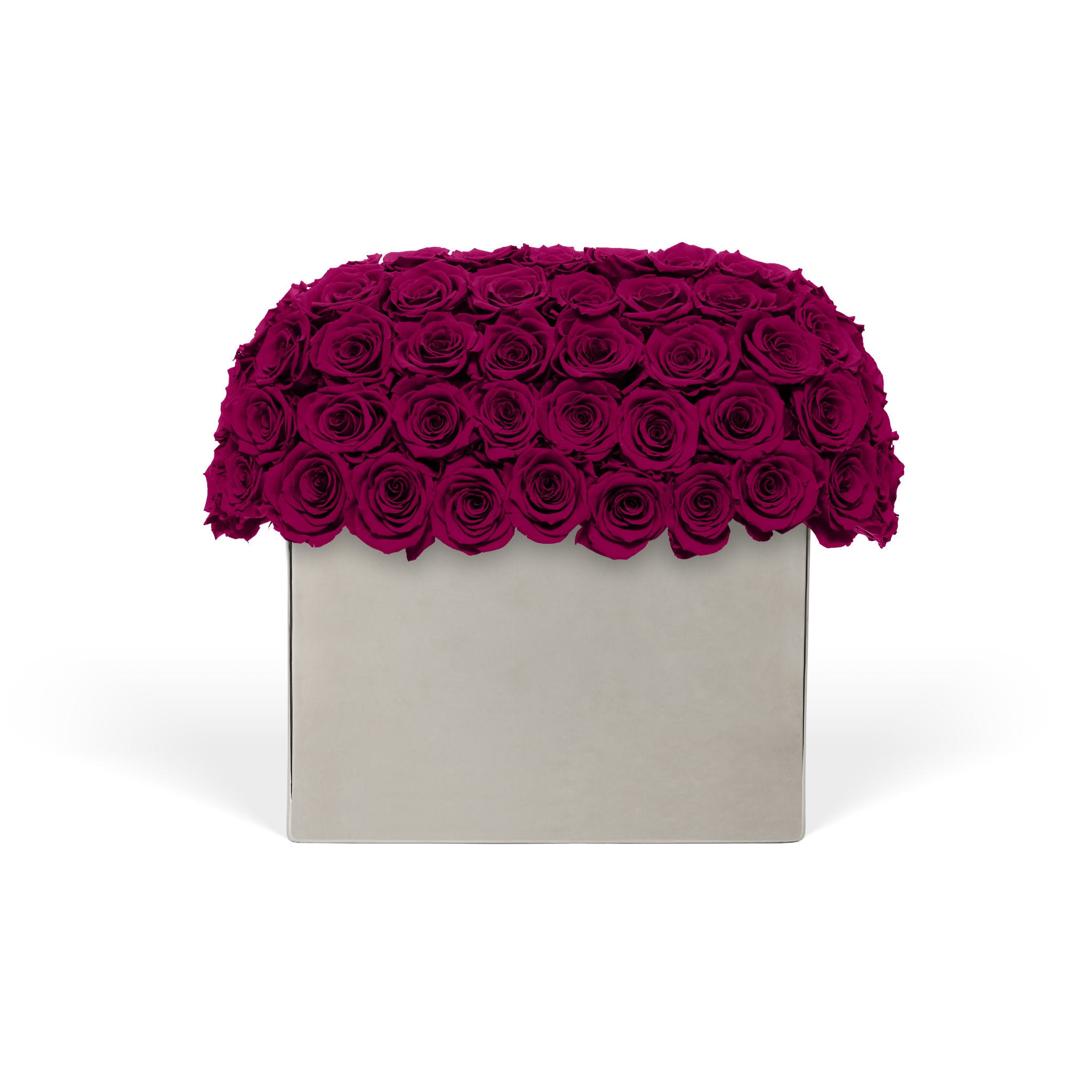 Square box with a lid made of red roses on a white background