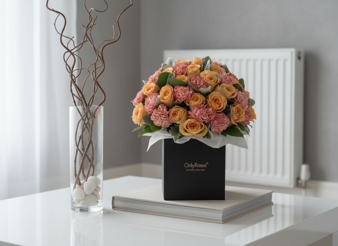 Bouquet of flowers in a black box on a white surface with a radiator in the background