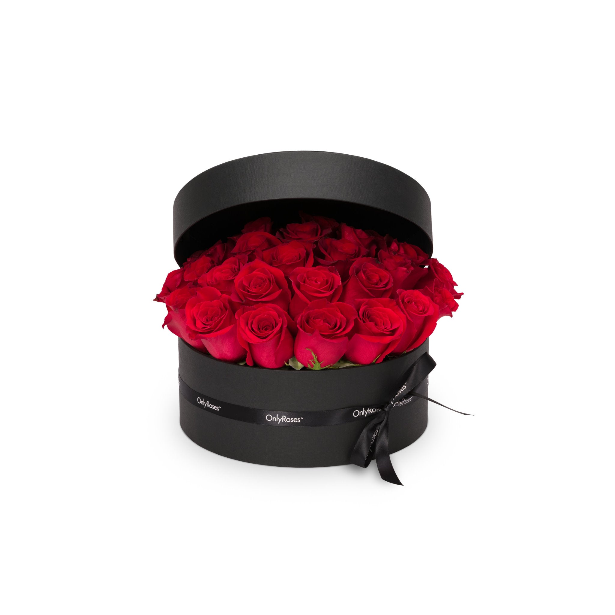 Black round box with red roses on a white background