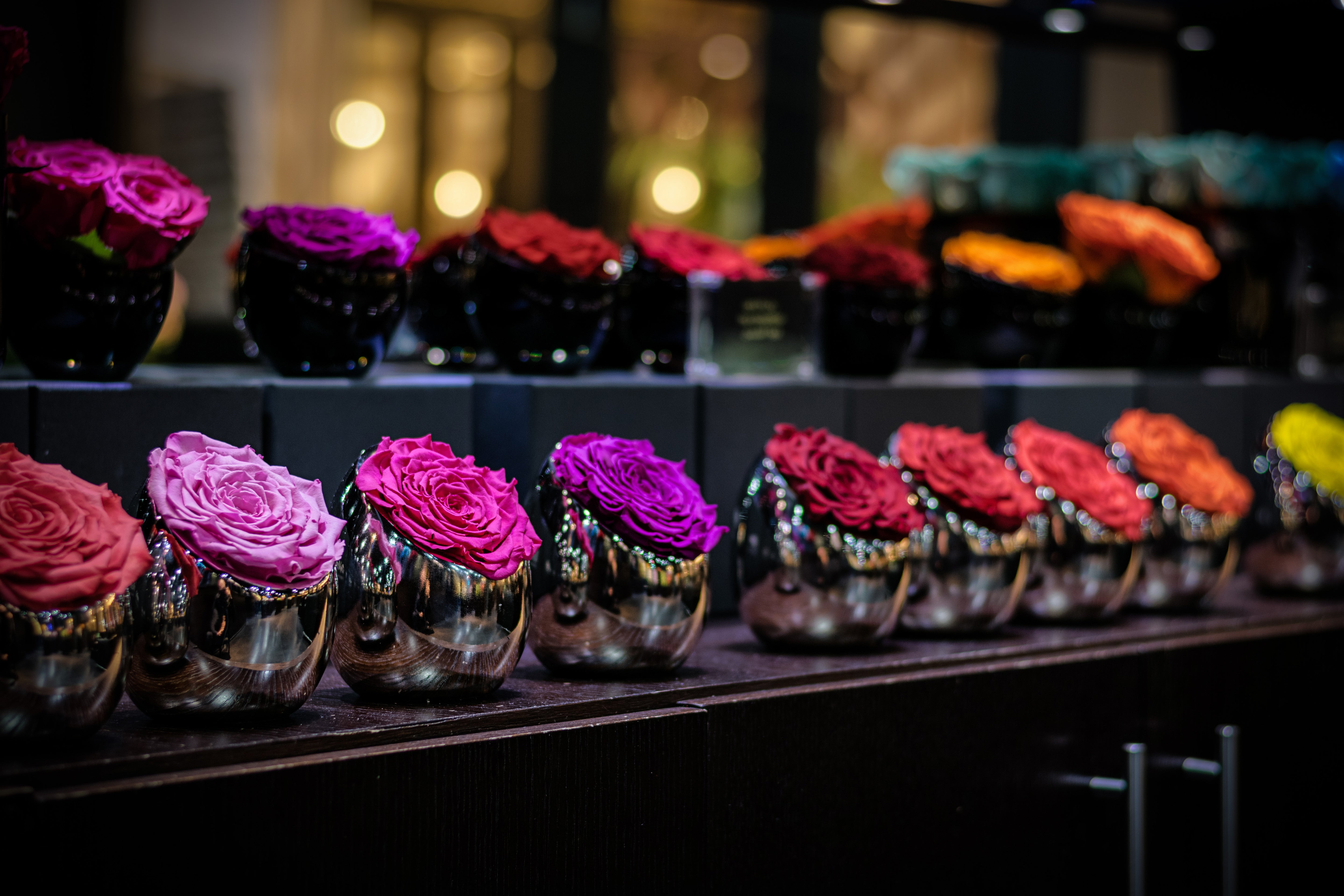 Decorative flowers in metallic vases on a dark background