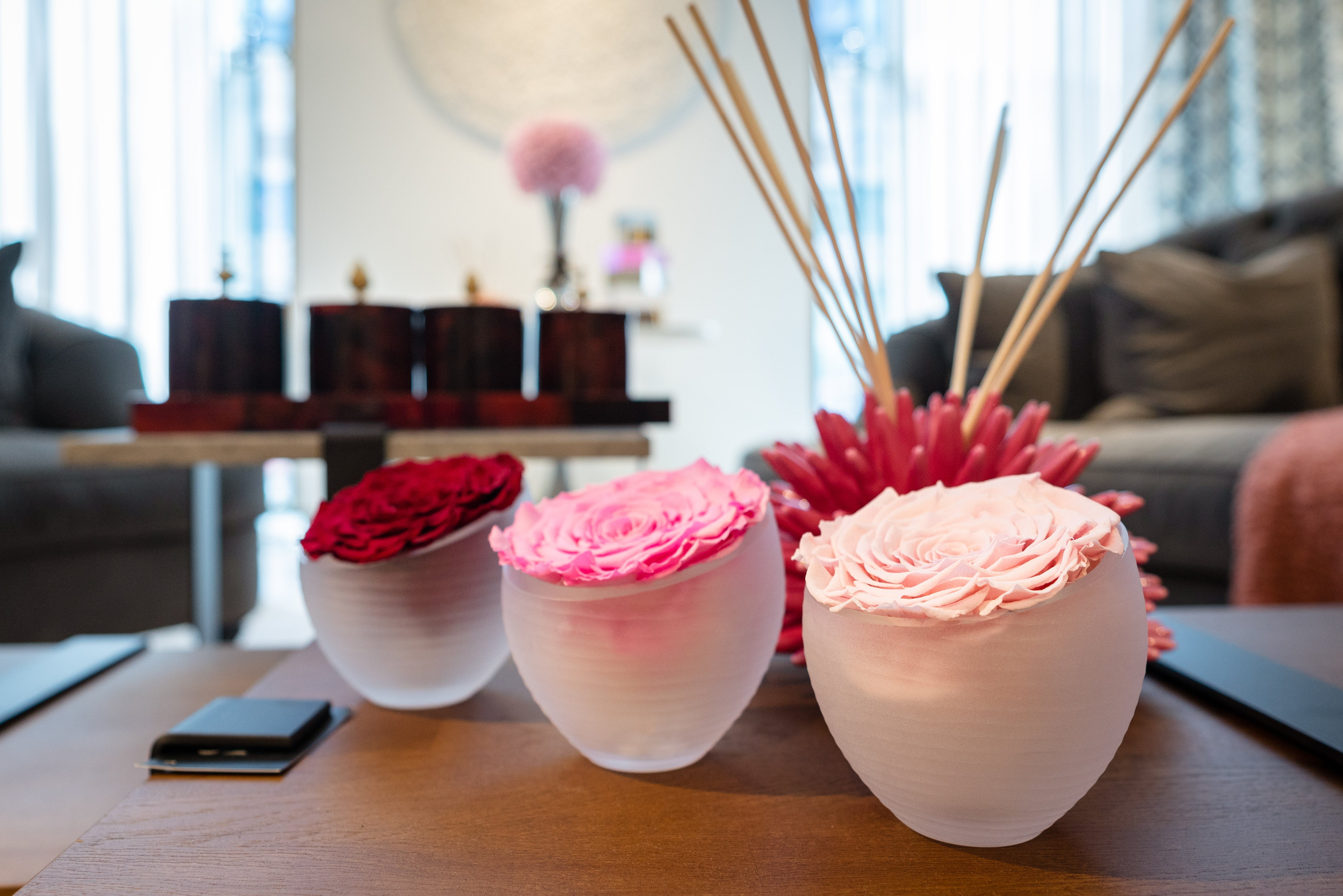Decorative flower pots on a table with a blurred background of a living room.