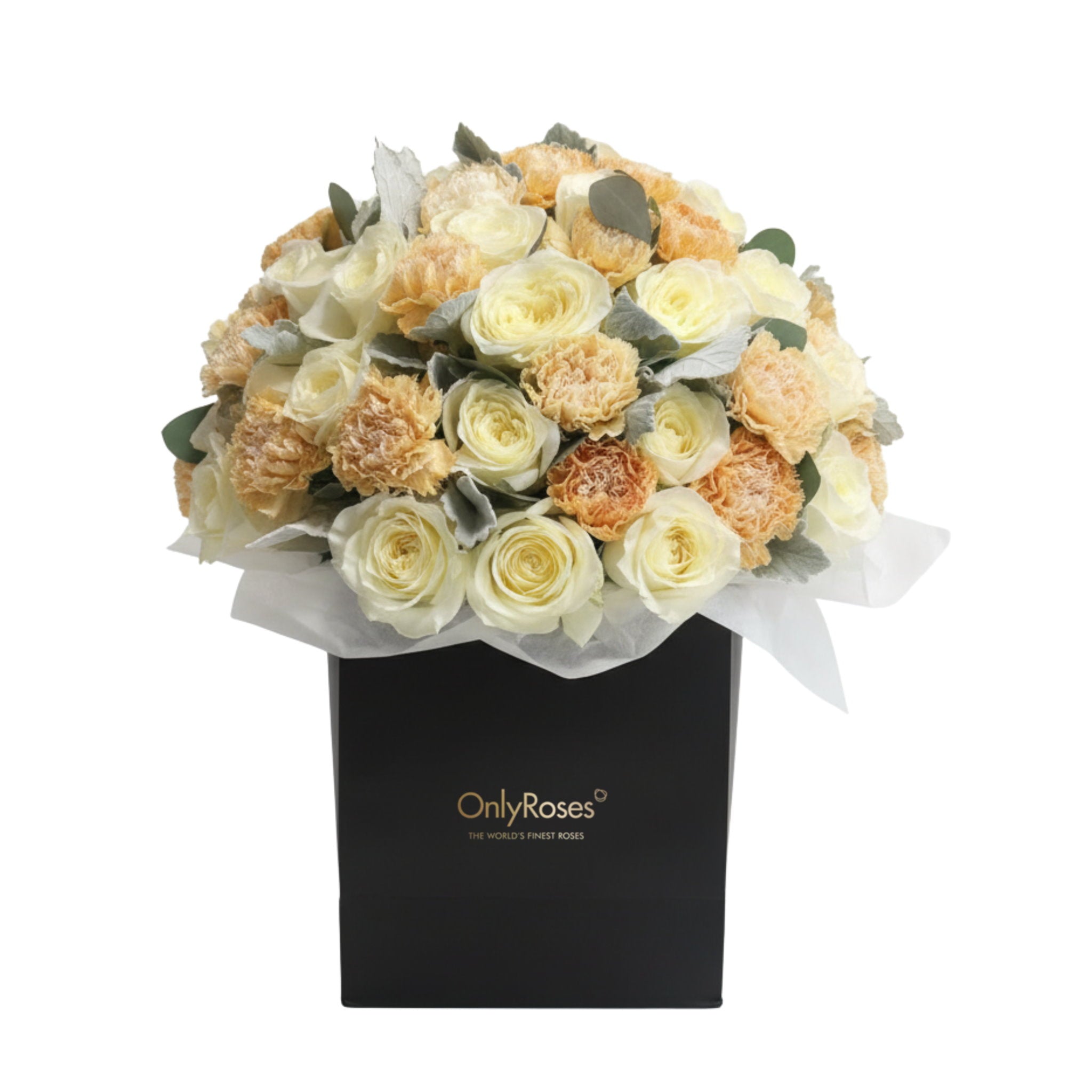 Bouquet of flowers in a black box with 'OnlyRoses' branding on a white background