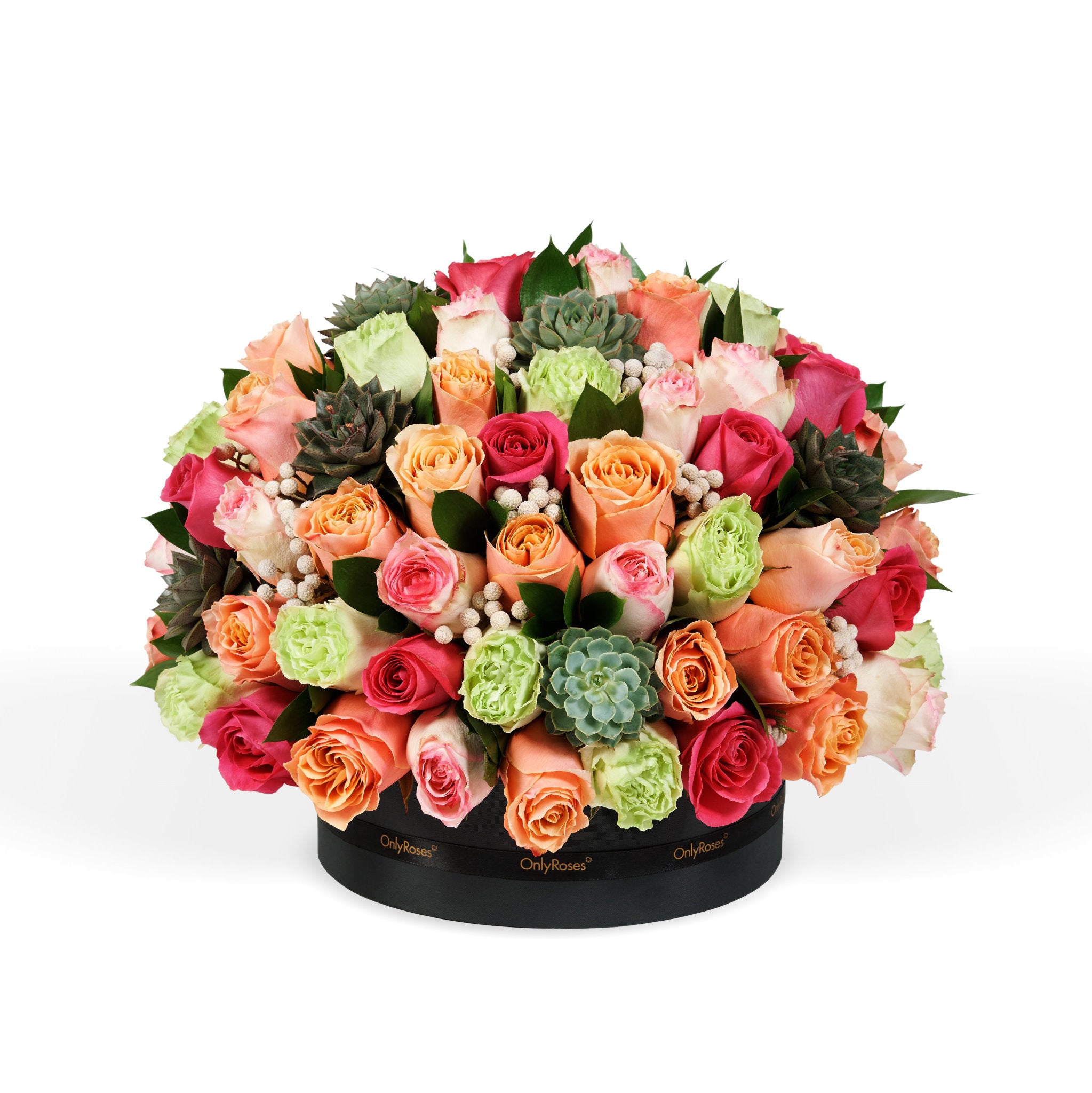 Colorful flower arrangement with roses and succulents in a black box on a white background