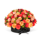 Bouquet of red and orange roses in a black box with 'Only Flowers' branding on a white background.
