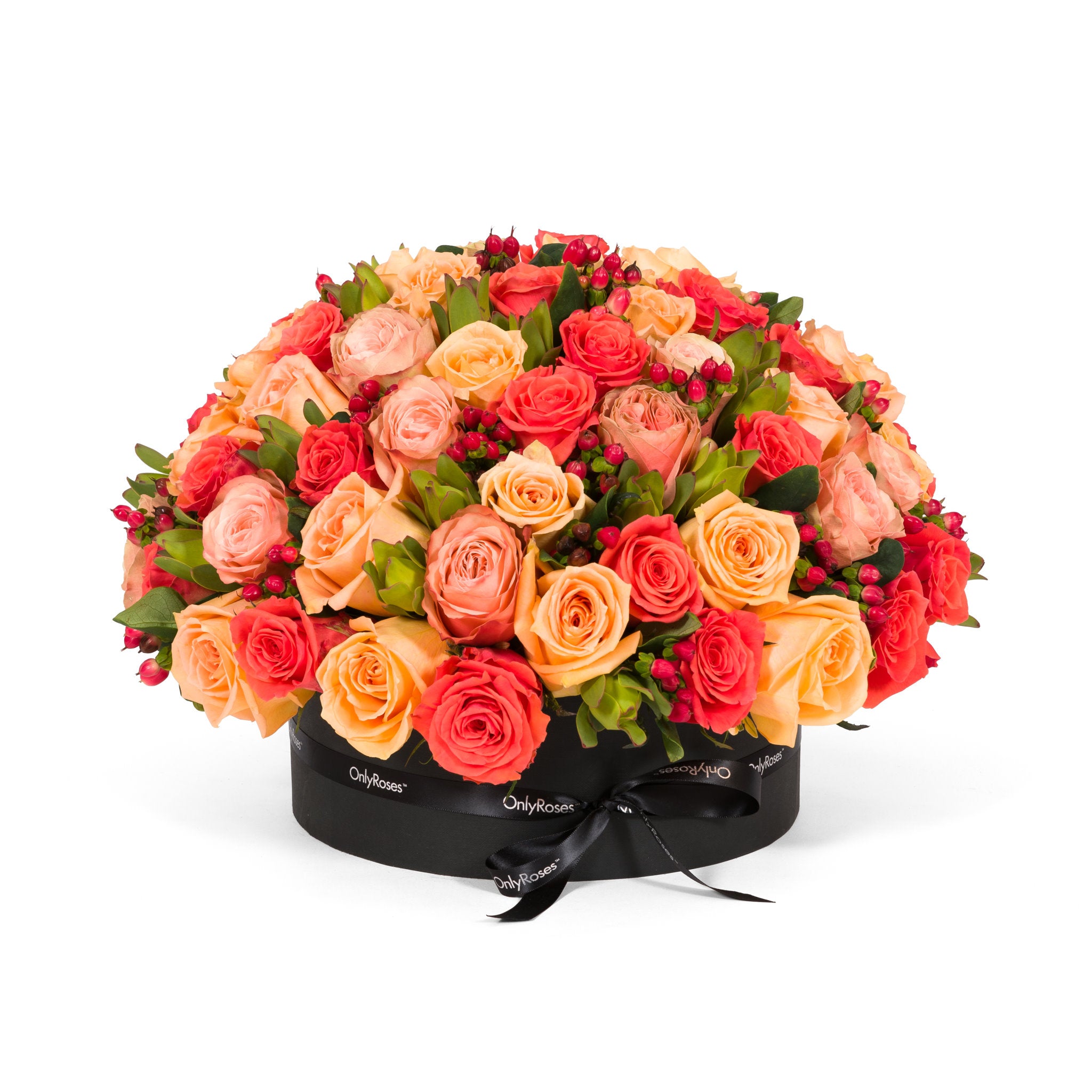 Bouquet of red and orange roses in a black box with 'Only Flowers' branding on a white background.
