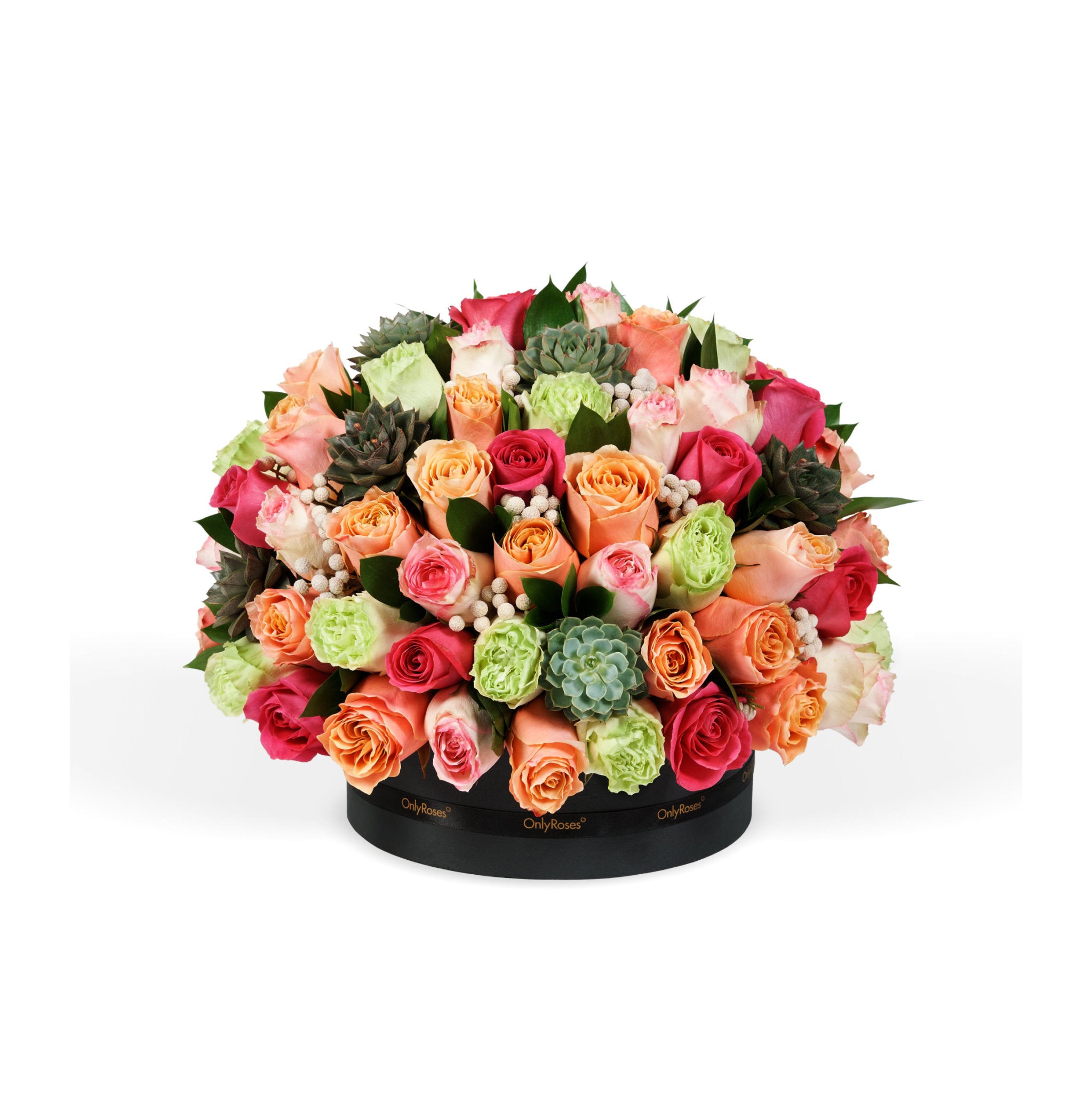 Colorful flower arrangement with roses and succulents in a black box on a white background