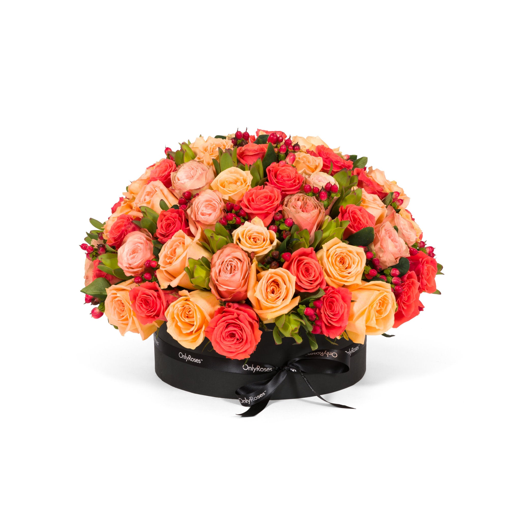 Bouquet of red, orange, and pink roses in a black box on a white background