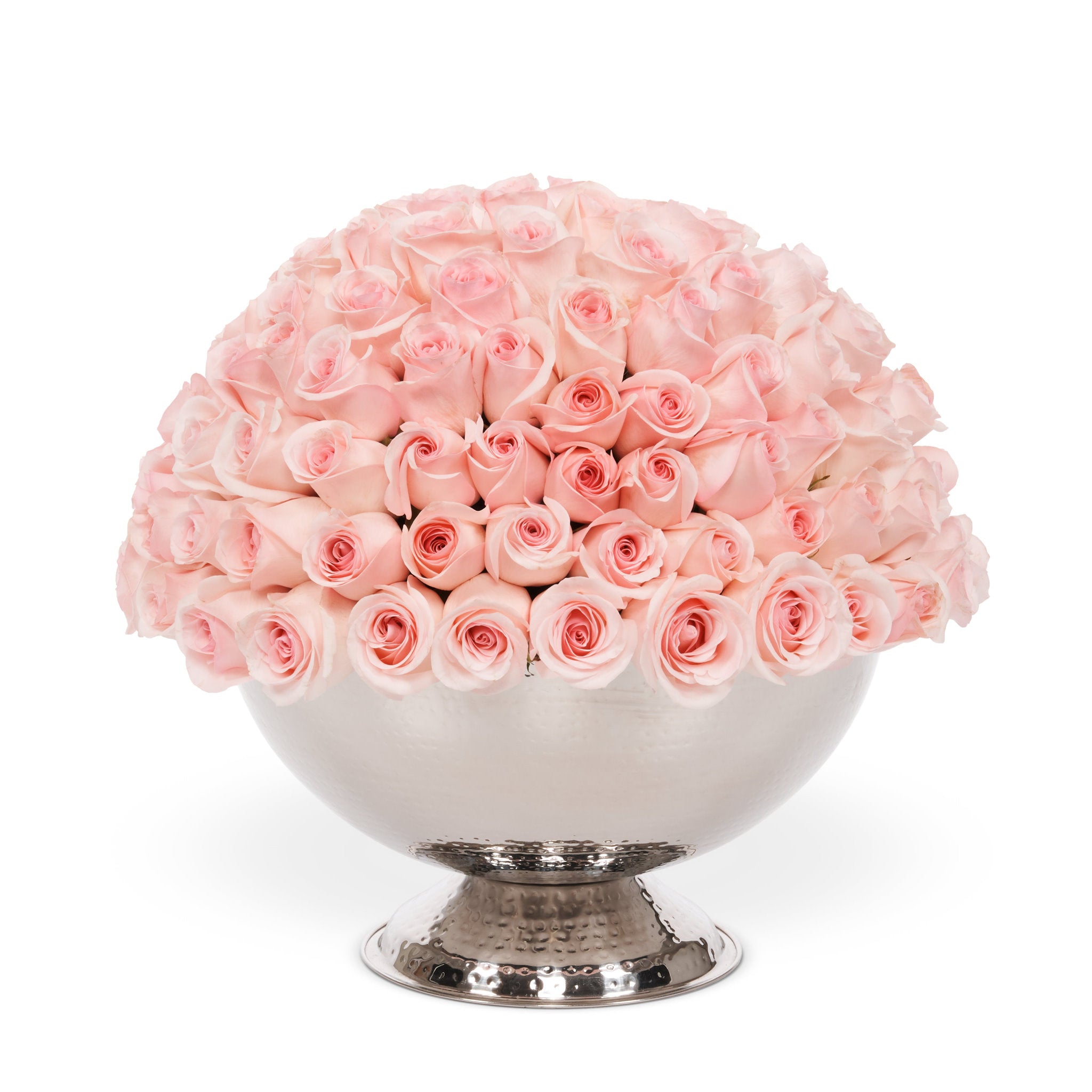 Bouquet of pink roses in a silver vase on a white background
