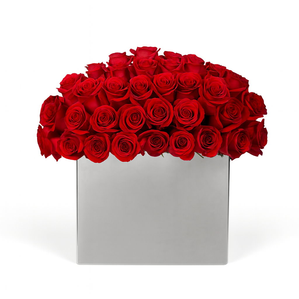 Bouquet of red roses in a silver container on a white background