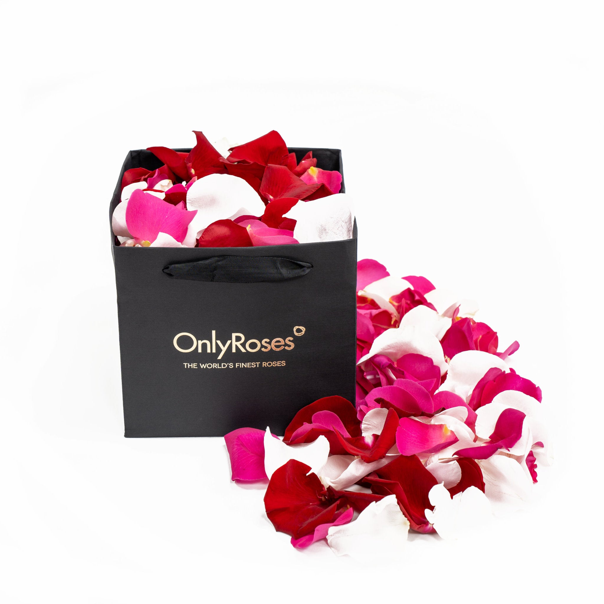 Black 'Only Roses' bag filled with red, pink, and white rose petals on a white background