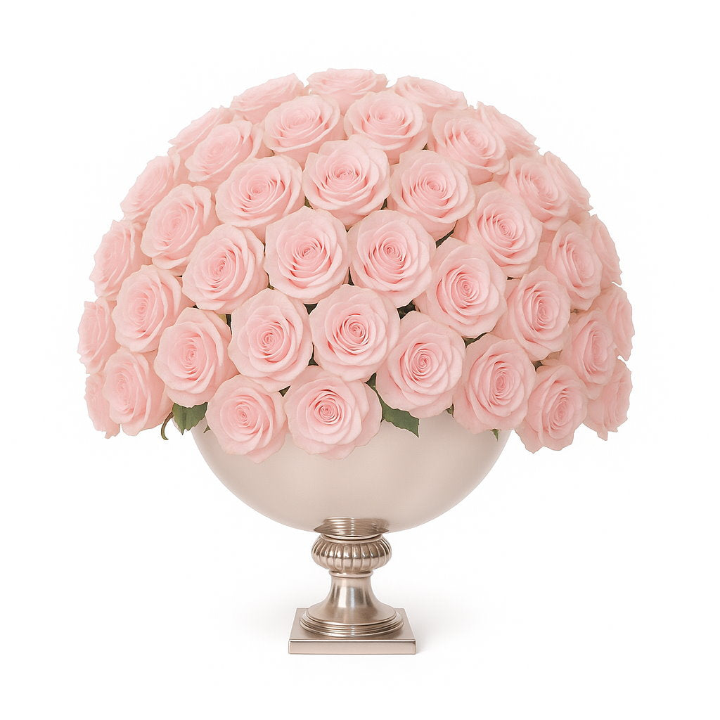 Bouquet of pink roses in a decorative vase on a white background