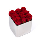White cube container filled with red roses on a white background