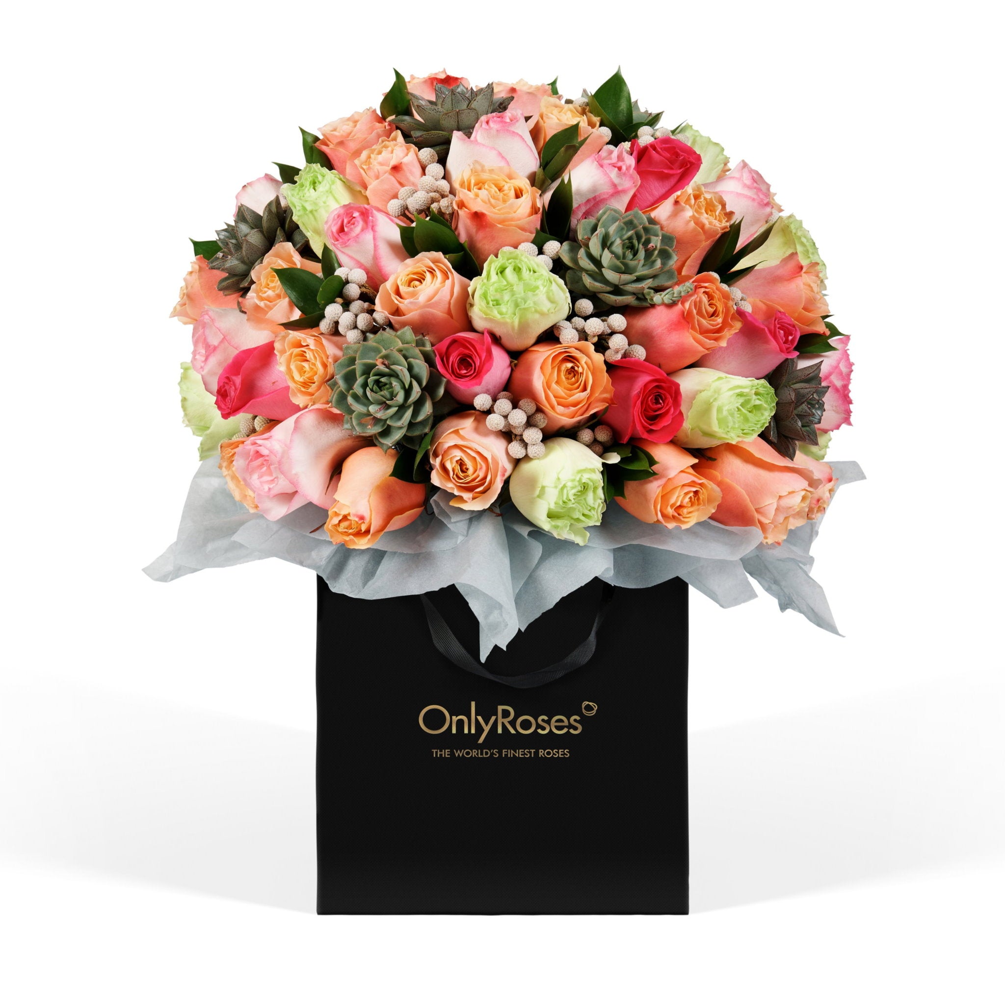 Colorful bouquet of flowers in a black box with 'Only Roses' branding on a white background