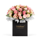 Bouquet of pink and white roses in a black 'Only Roses' box on a white background