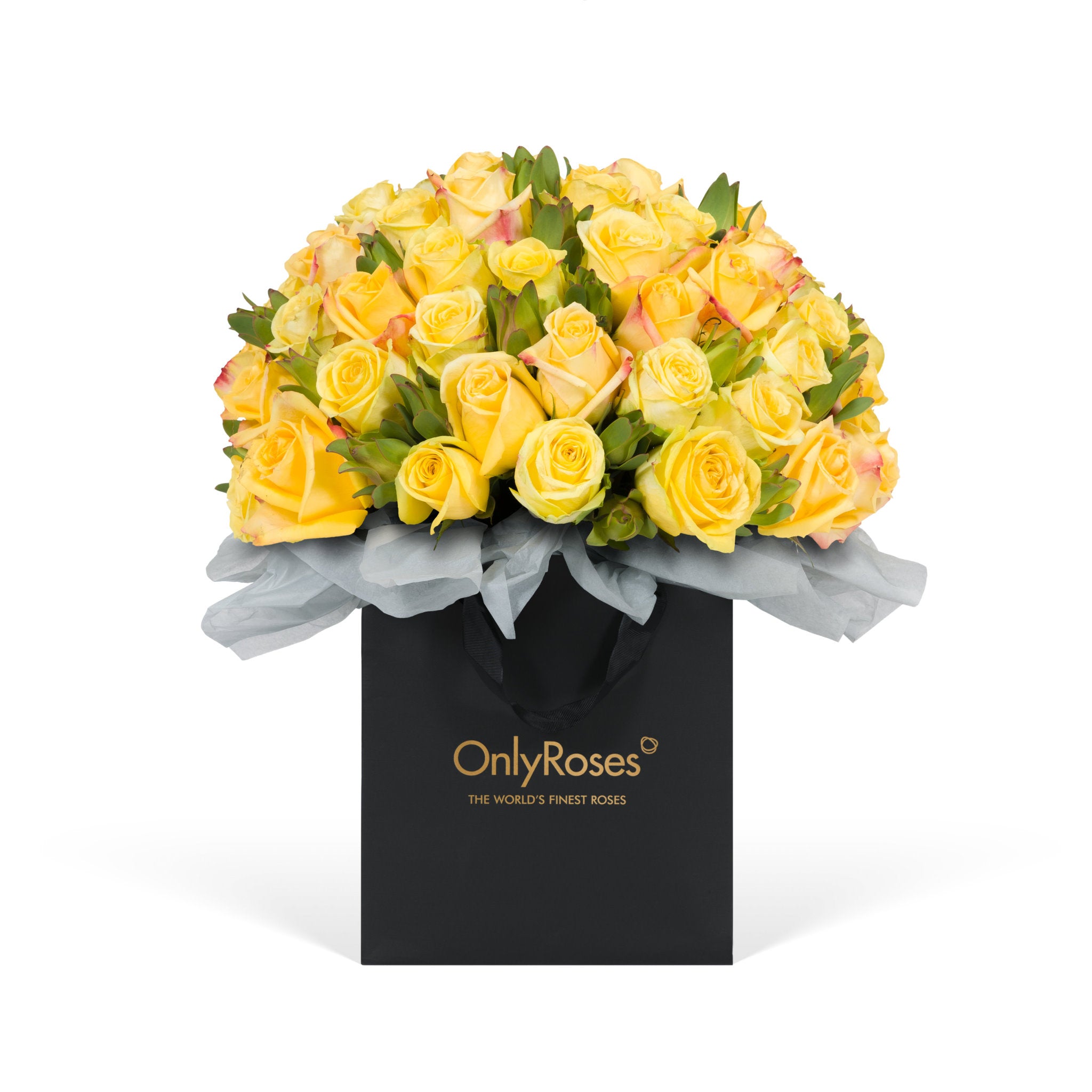 Bouquet of yellow roses in a black box with 'Only Roses' branding on a white background