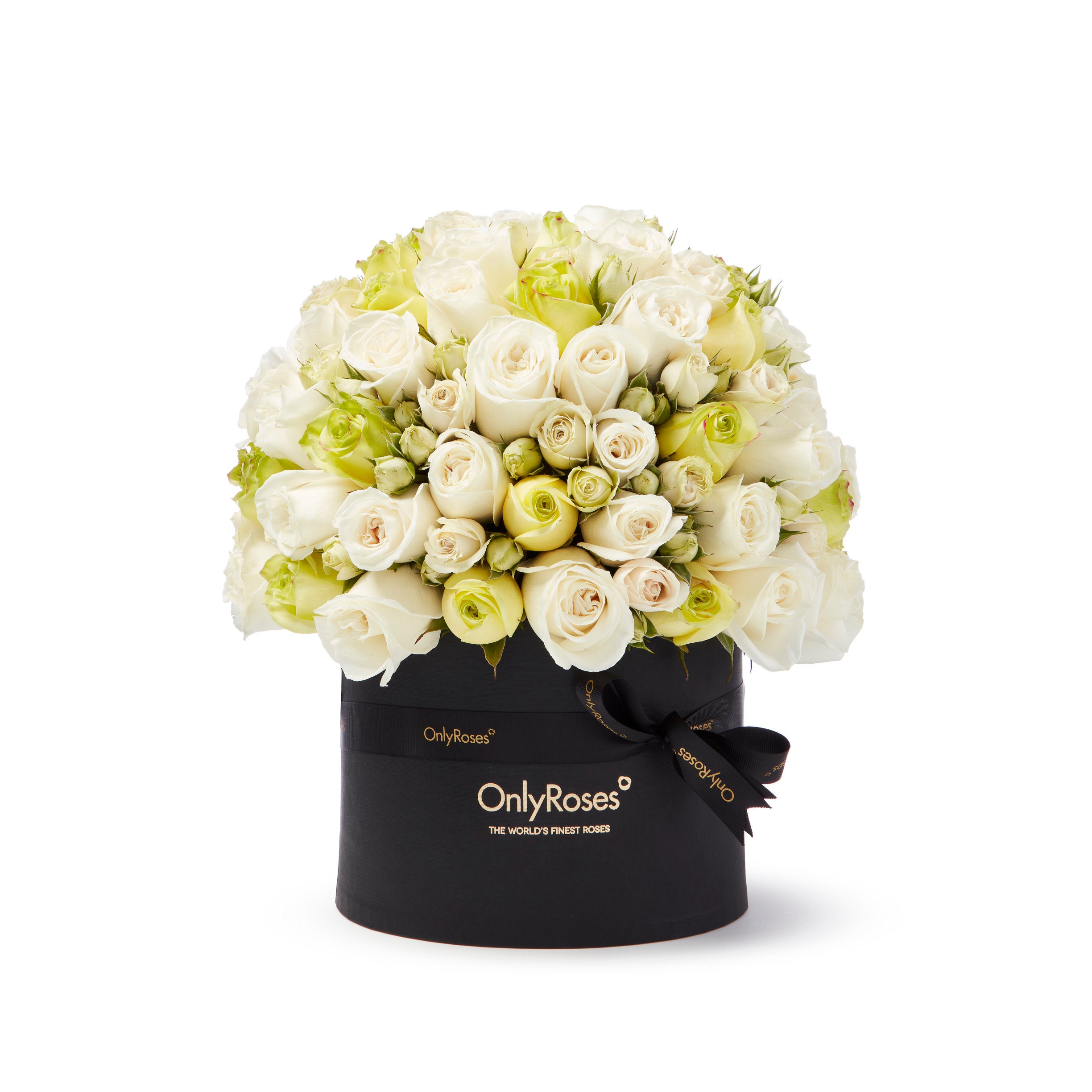 Black box with white and green roses on a white background, featuring 'OnlyRoses' branding.