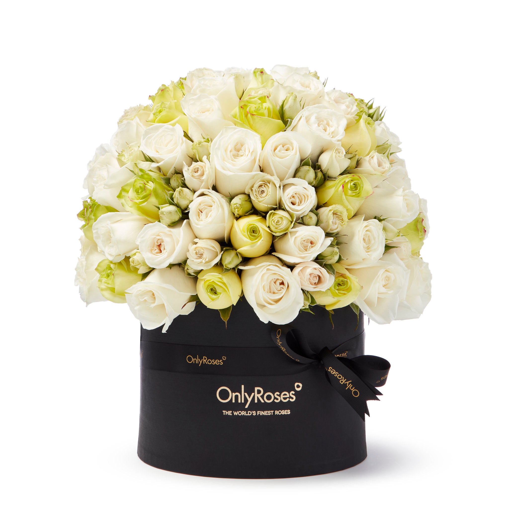 Black box with white and green roses on a white background, featuring 'OnlyRoses' branding.