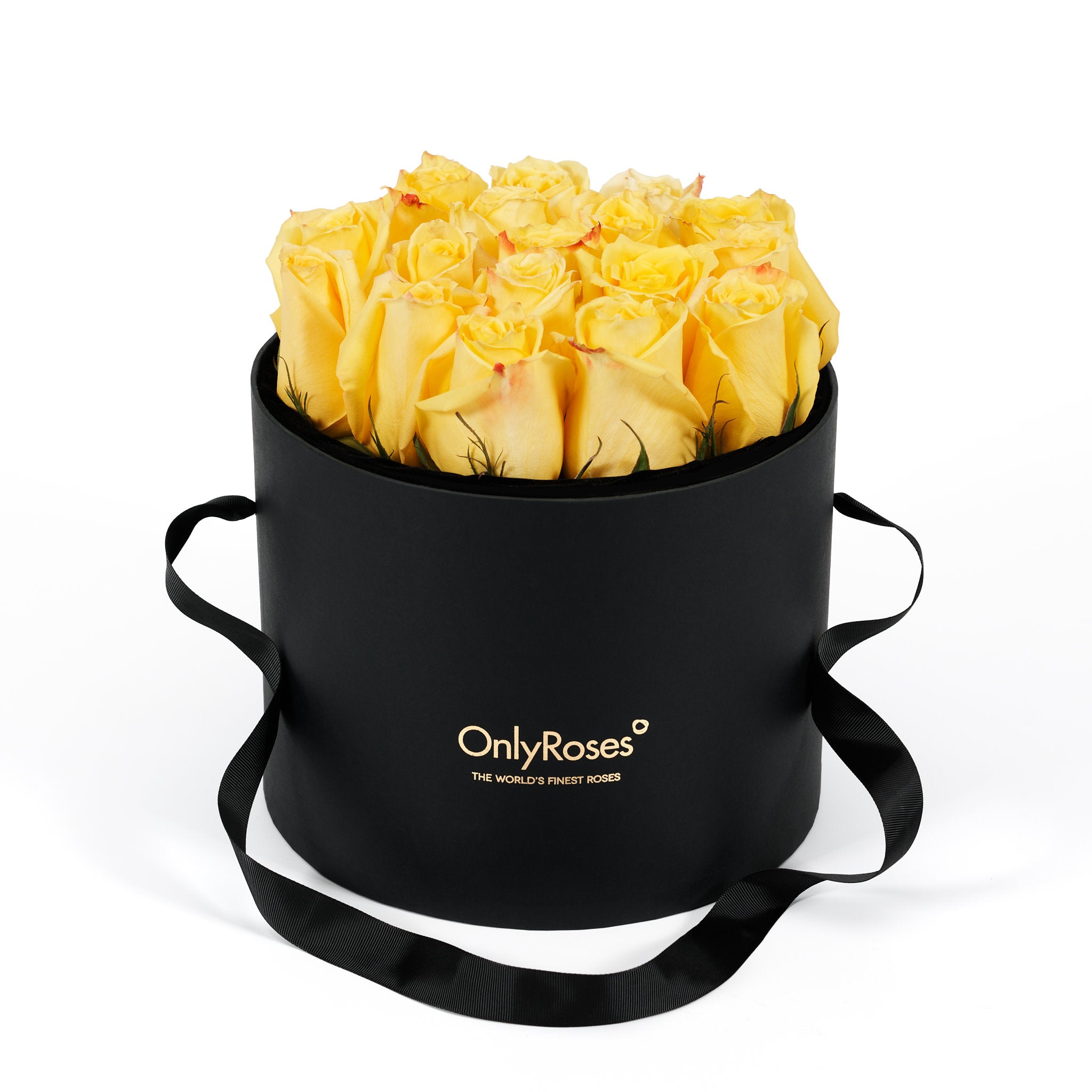Black box with yellow roses and 'Only Roses' branding on a white background