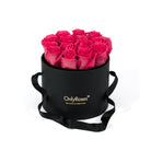Black round box with pink roses and 'Only Roses' branding on a white background